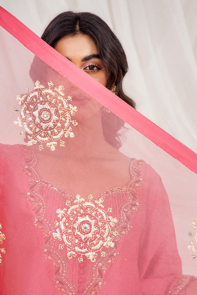 Pakistani Sunset Pink Embroidered Silk Tissue Salwar Kameez (3-Piece) - Image 6