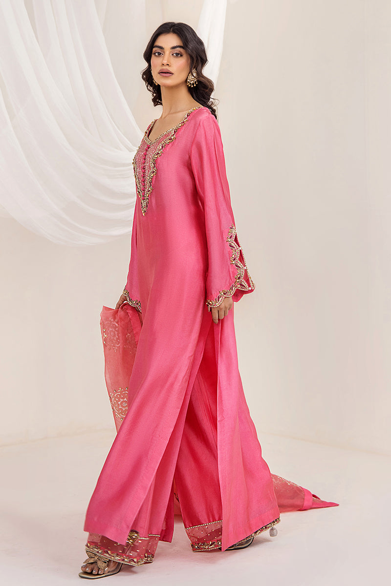 Pakistani Sunset Pink Embroidered Silk Tissue Salwar Kameez (3-Piece) - Image 7