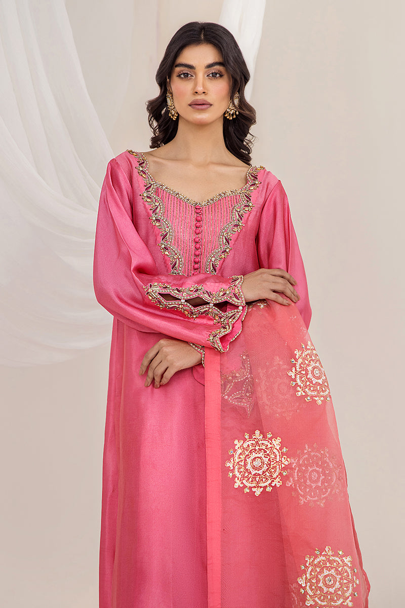 Pakistani Sunset Pink Embroidered Silk Tissue Salwar Kameez (3-Piece) - Image 8