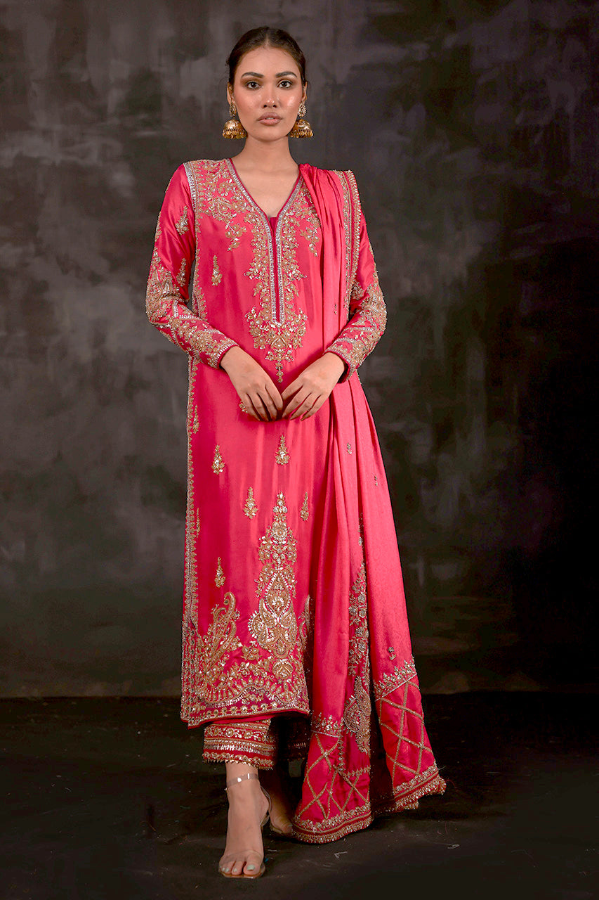 Rani Pink Maroori Zardozi Silk Salwar Kameez (3-Piece) - Image 1