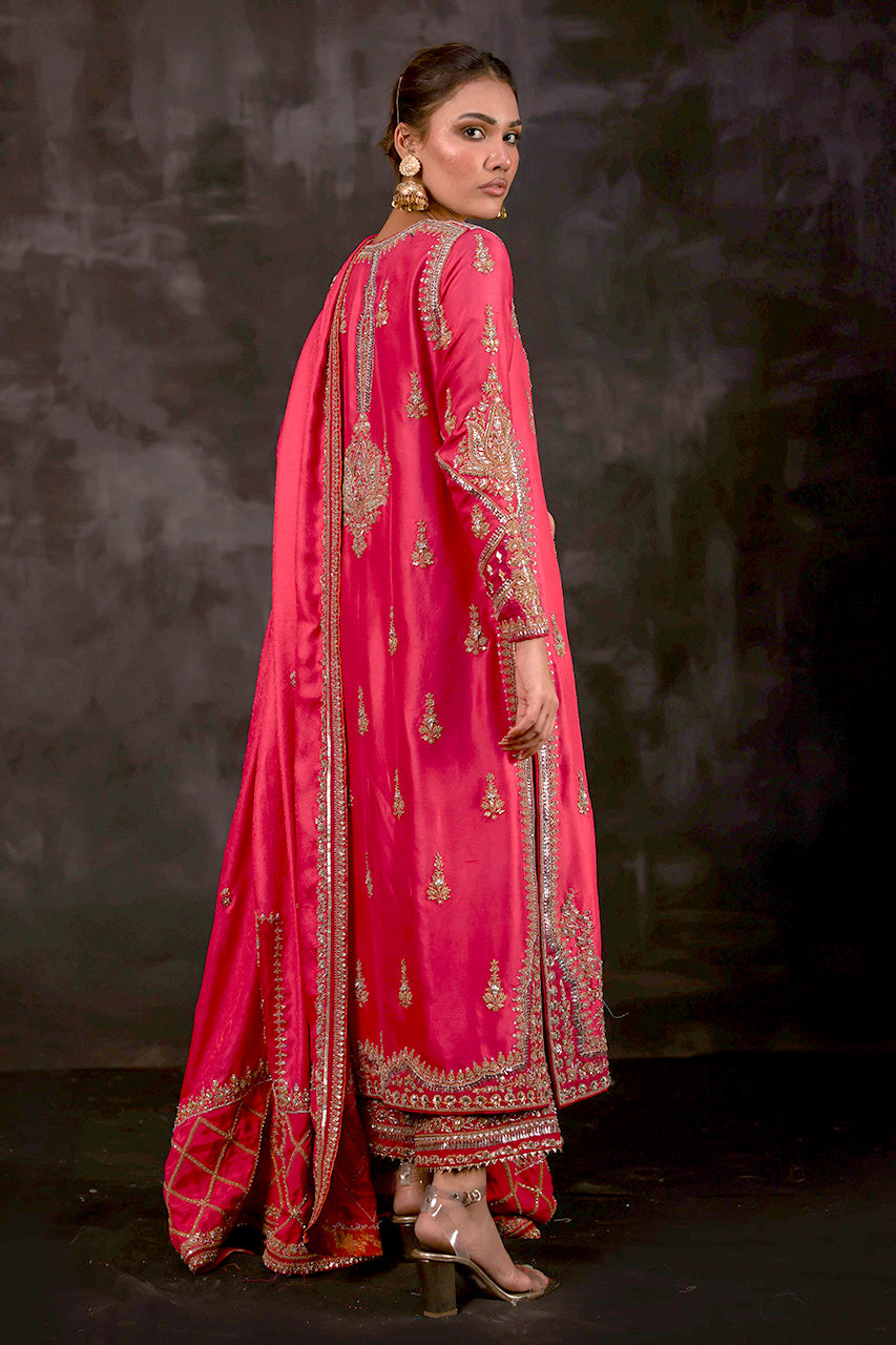 Pakistani Rani Pink Maroori Zardozi Silk Salwar Kameez (3-Piece) - Image 3