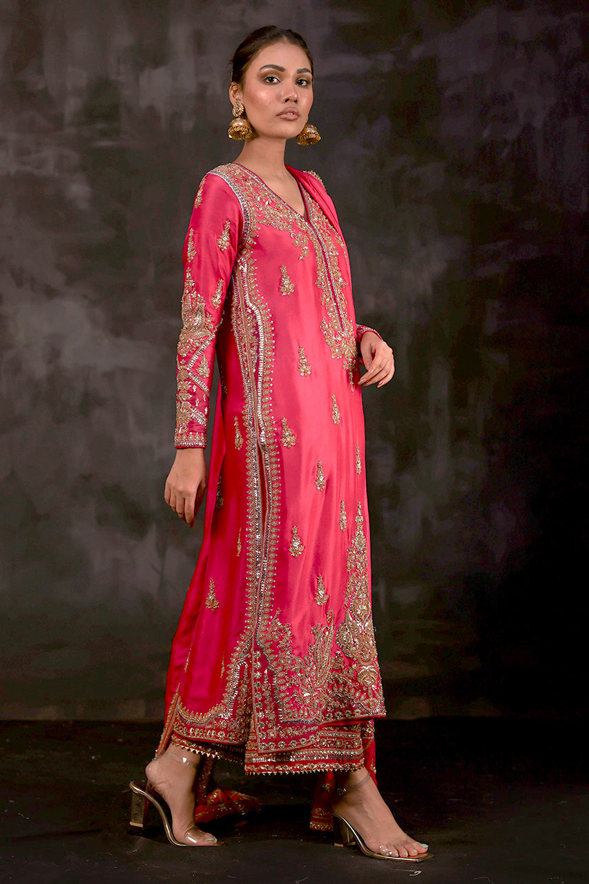 Pakistani Rani Pink Maroori Zardozi Silk Salwar Kameez (3-Piece) - Image 4