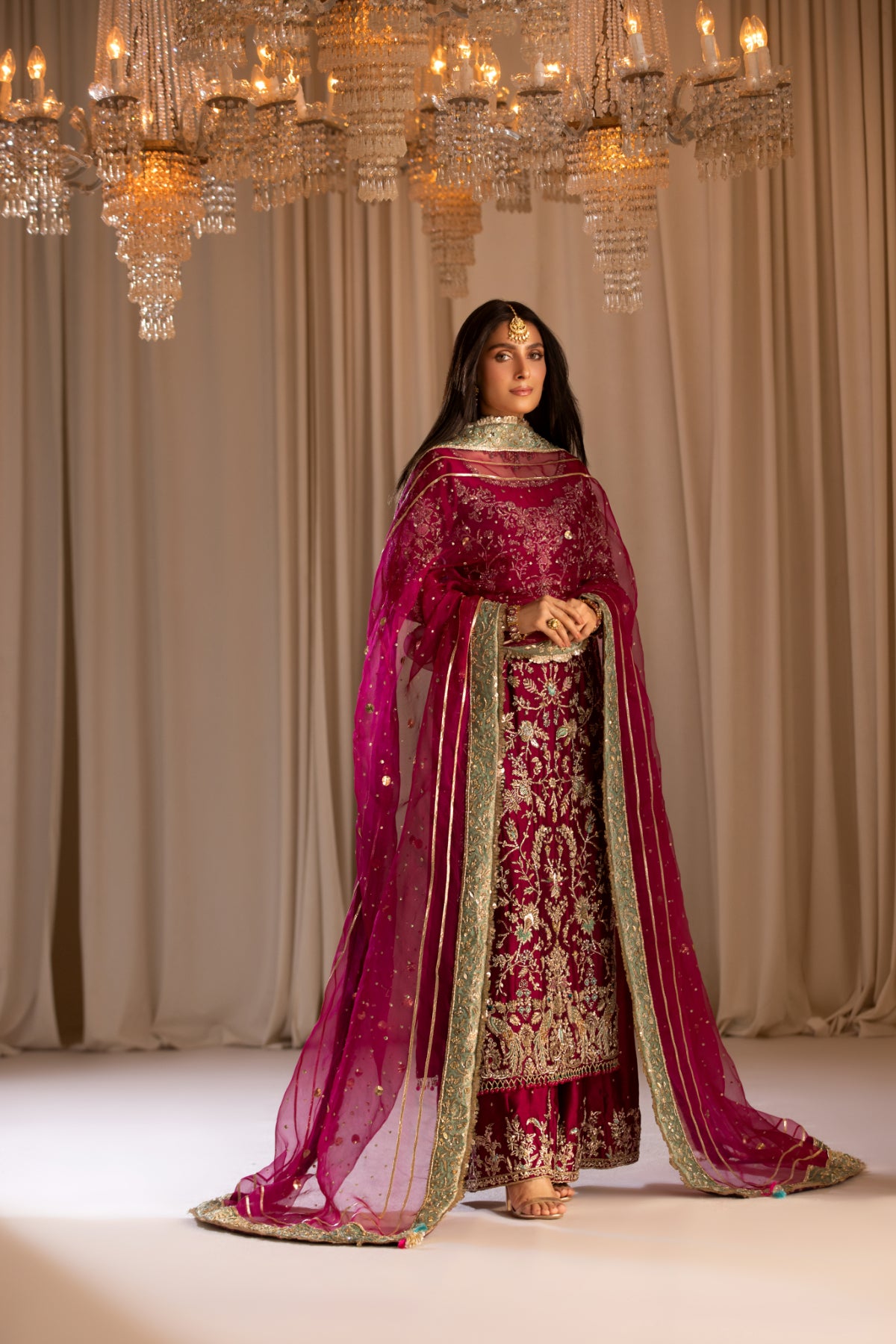 Magenta Handworked Silk & Organza Salwar Kameez (3-Piece) - Image 1