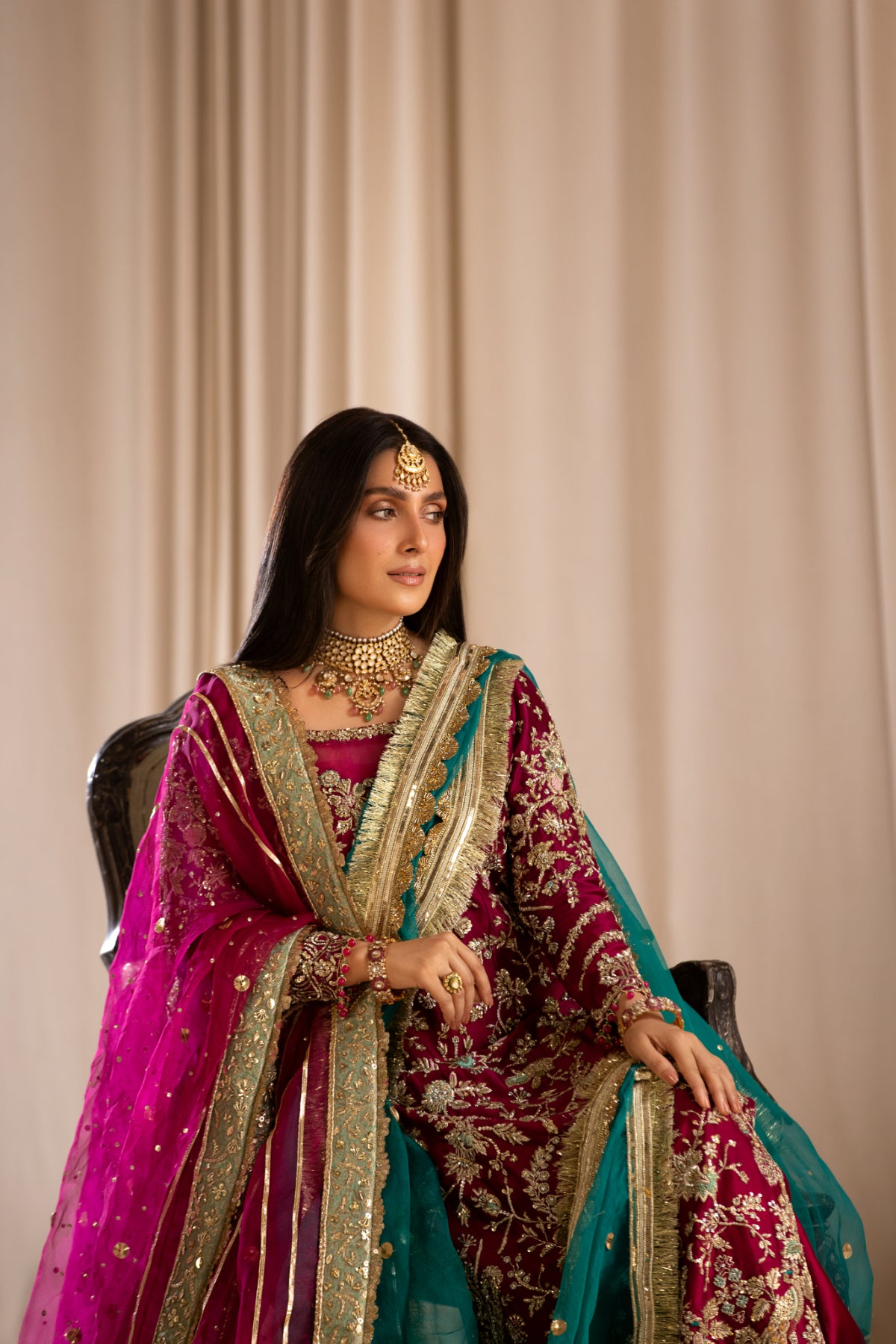 Magenta Handworked Silk & Organza Salwar Kameez (3-Piece) - Image 12