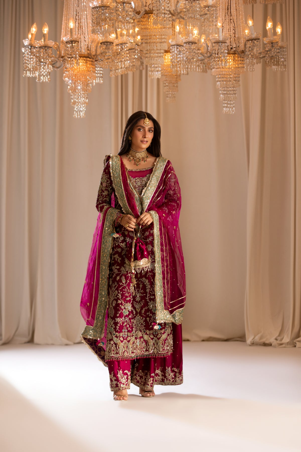 Magenta Handworked Silk & Organza Salwar Kameez (3-Piece) - Image 2