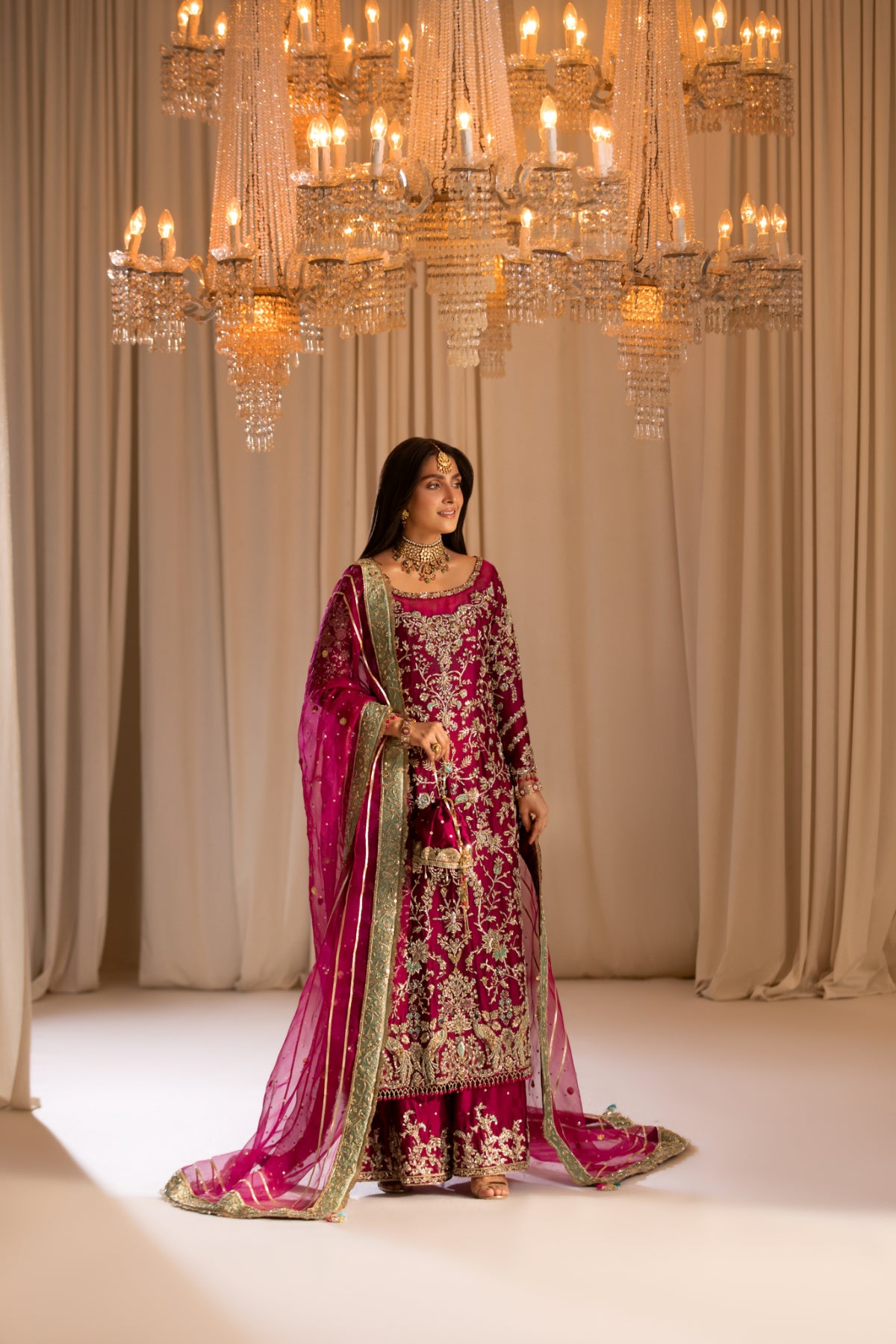 Magenta Handworked Silk & Organza Salwar Kameez (3-Piece) - Image 3