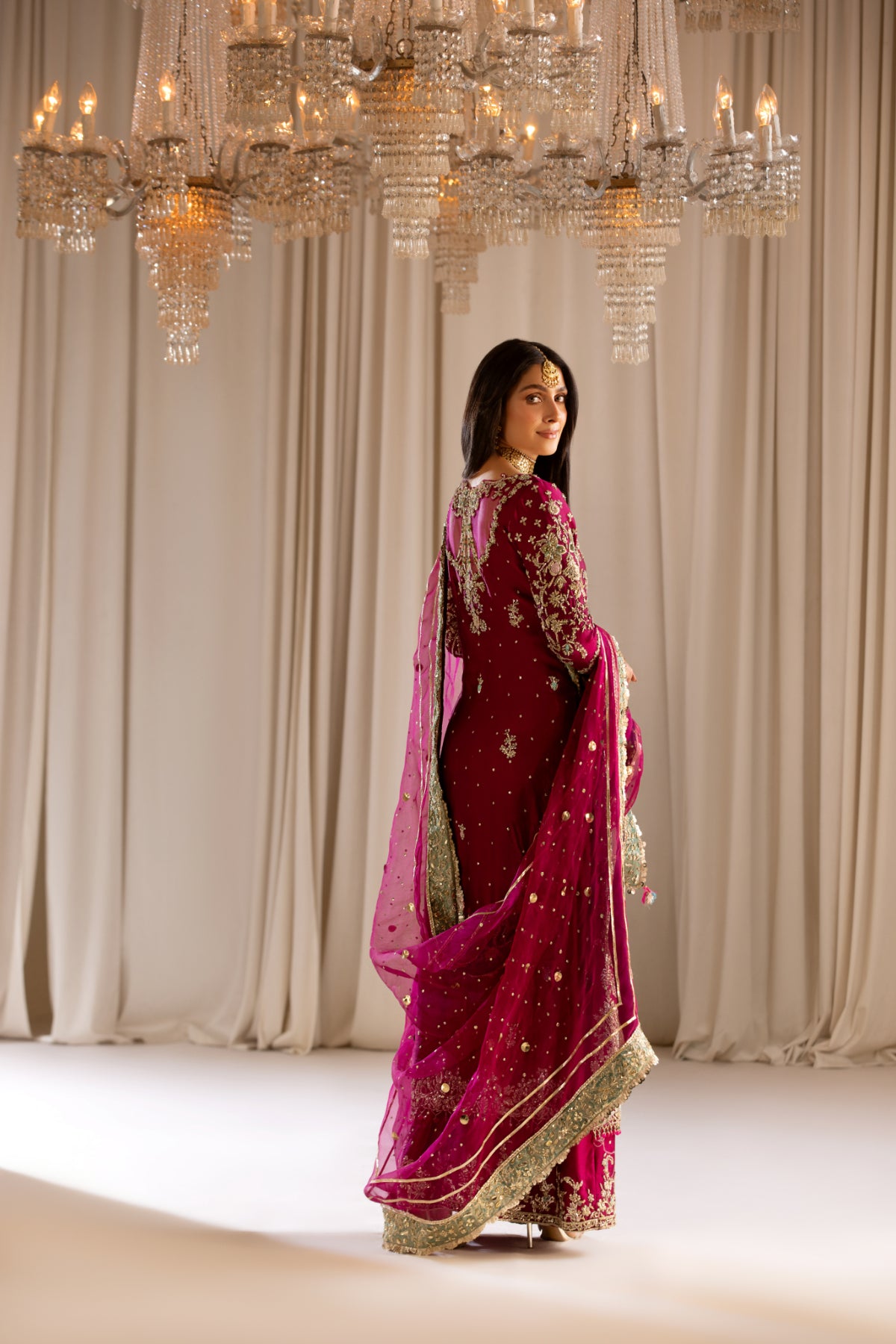 Magenta Handworked Silk & Organza Salwar Kameez (3-Piece) - Image 4