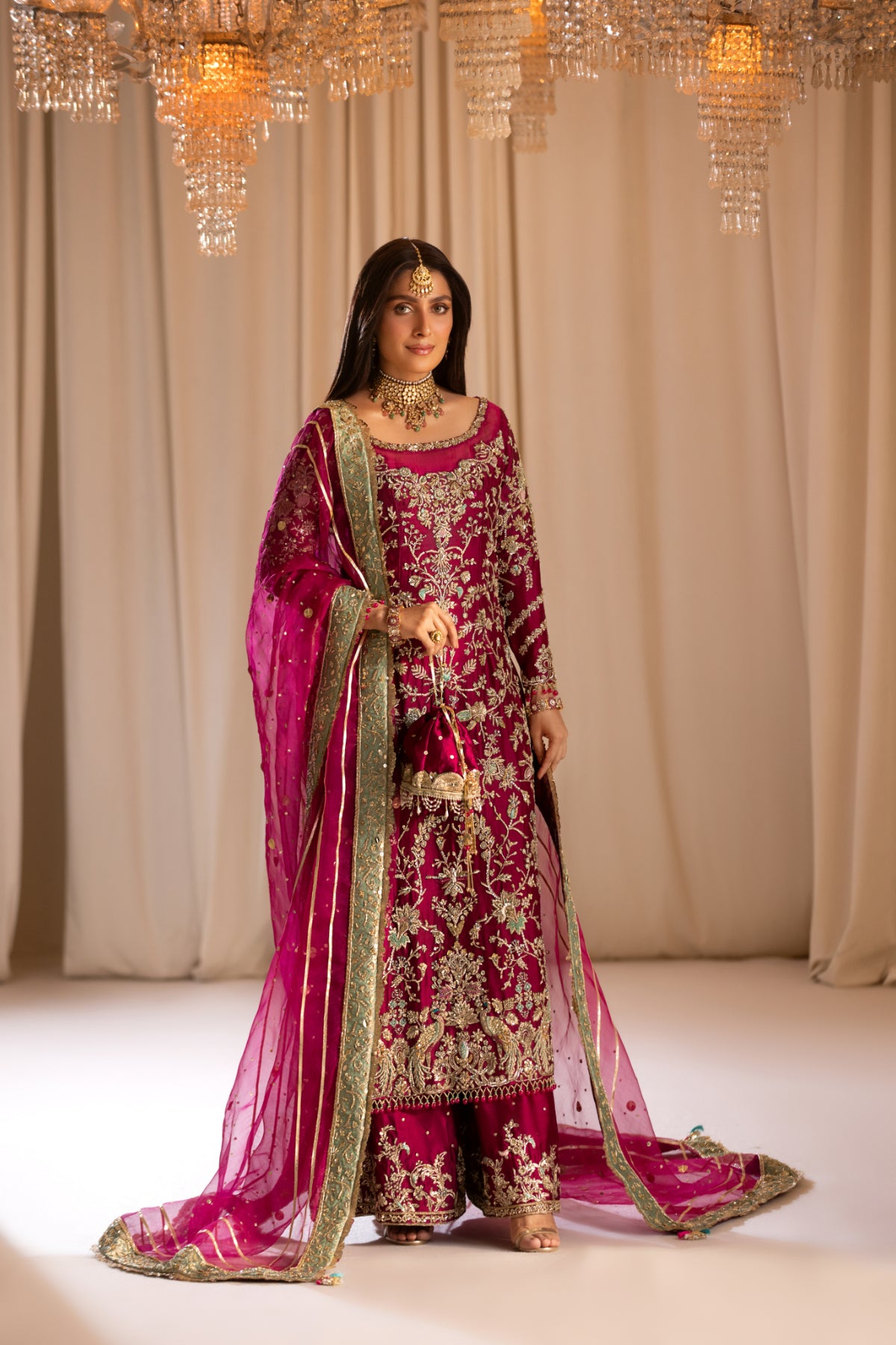 Magenta Handworked Silk & Organza Salwar Kameez (3-Piece) - Image 5