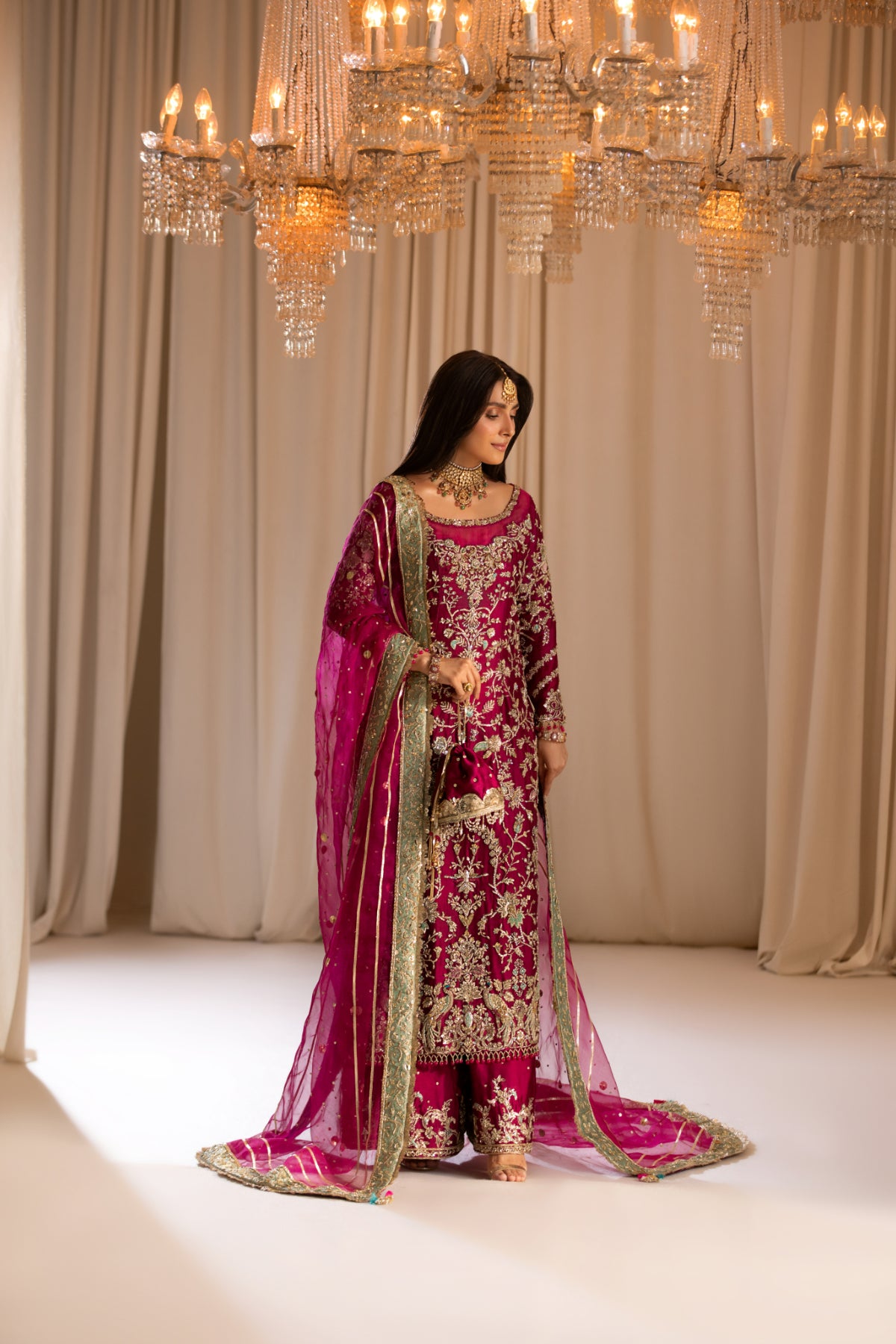 Magenta Handworked Silk & Organza Salwar Kameez (3-Piece) - Image 6