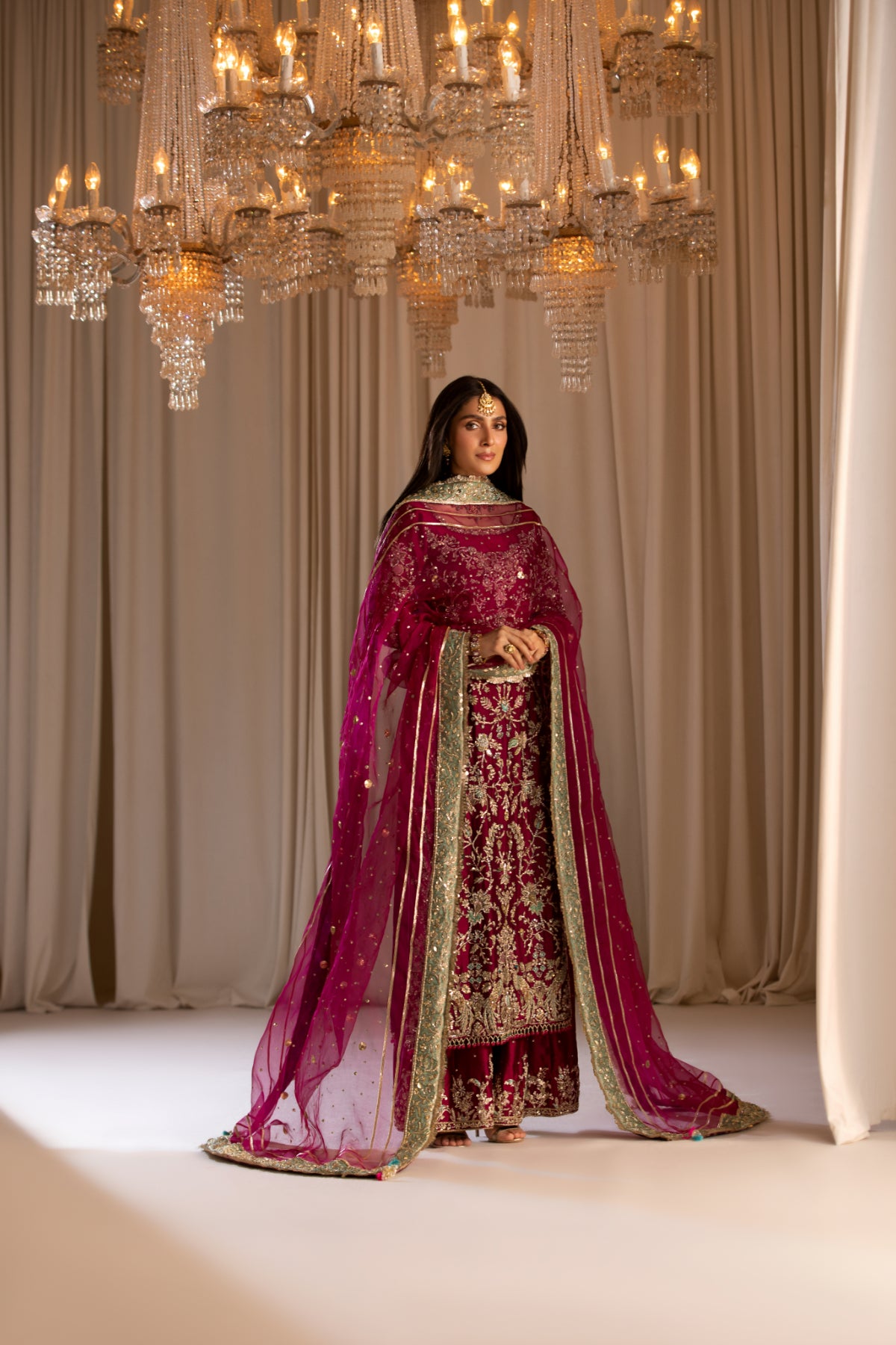 Magenta Handworked Silk & Organza Salwar Kameez (3-Piece) - Image 8