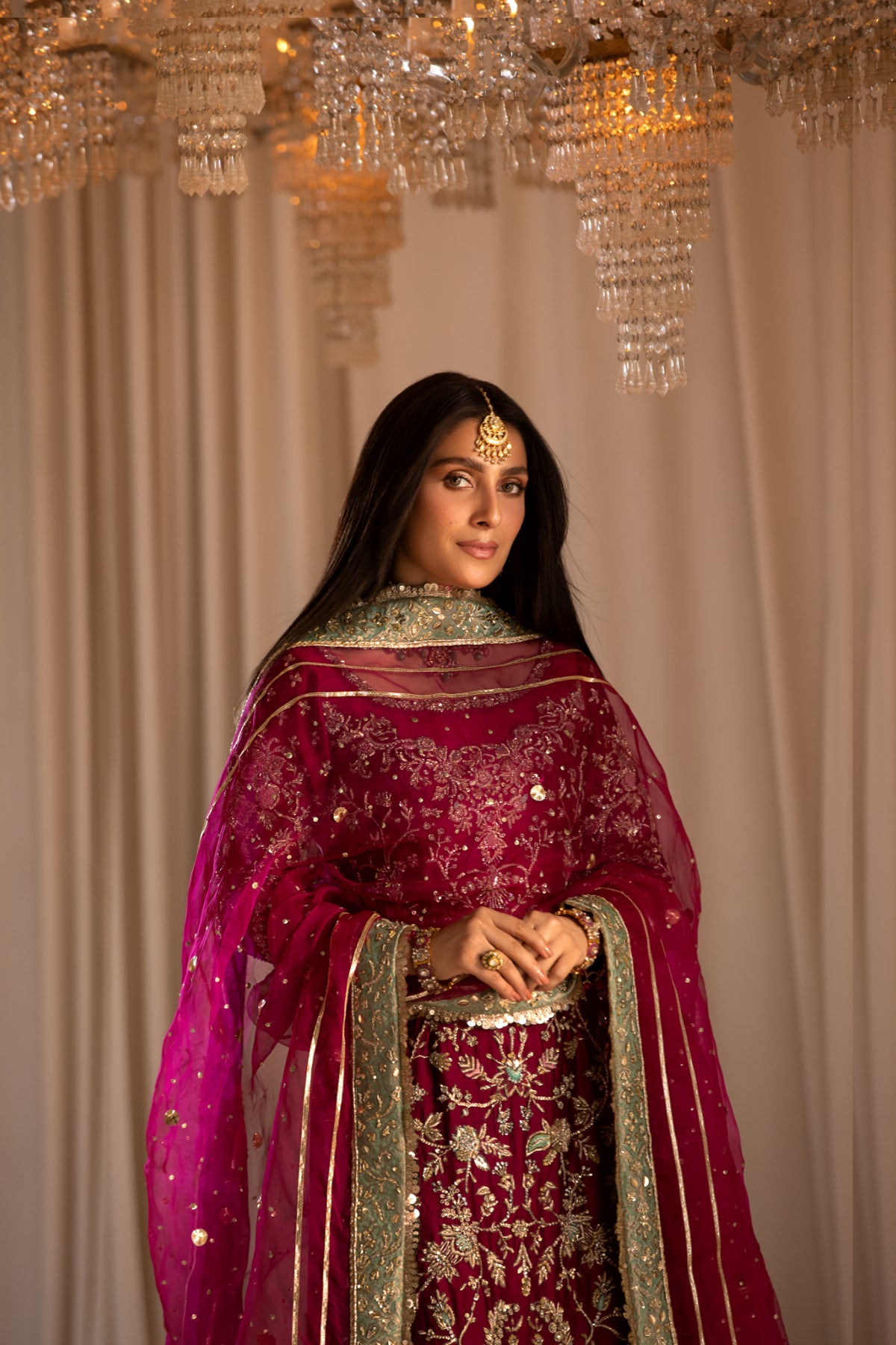 Magenta Handworked Silk & Organza Salwar Kameez (3-Piece) - Image 9