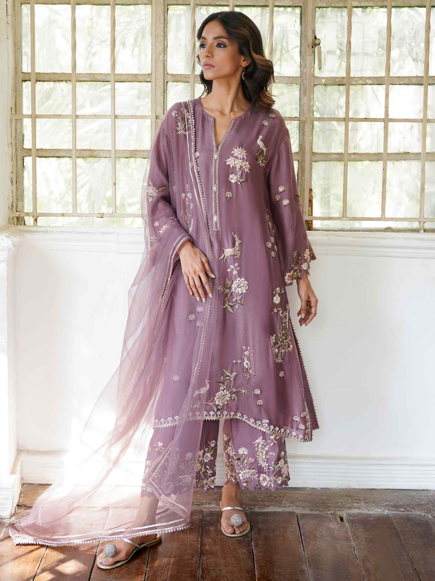 Dusty Lilac Embroidered Spun Net Salwar Kameez (3-Piece) - Image 1