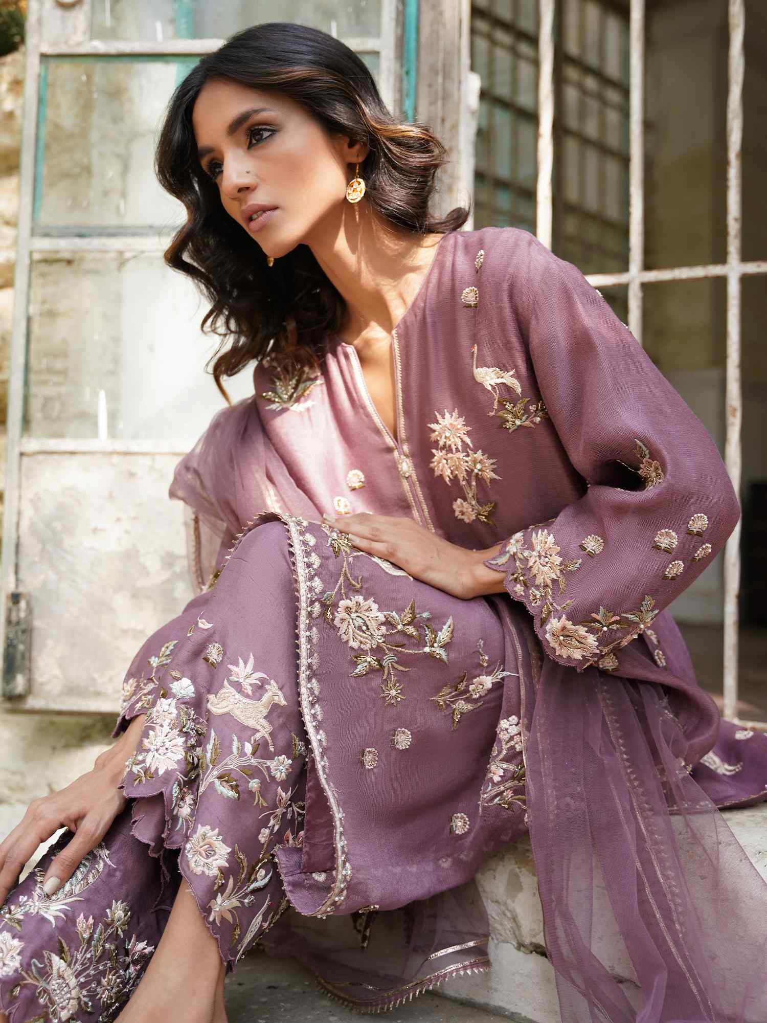 Dusty Lilac Embroidered Spun Net Salwar Kameez (3-Piece) - Image 2