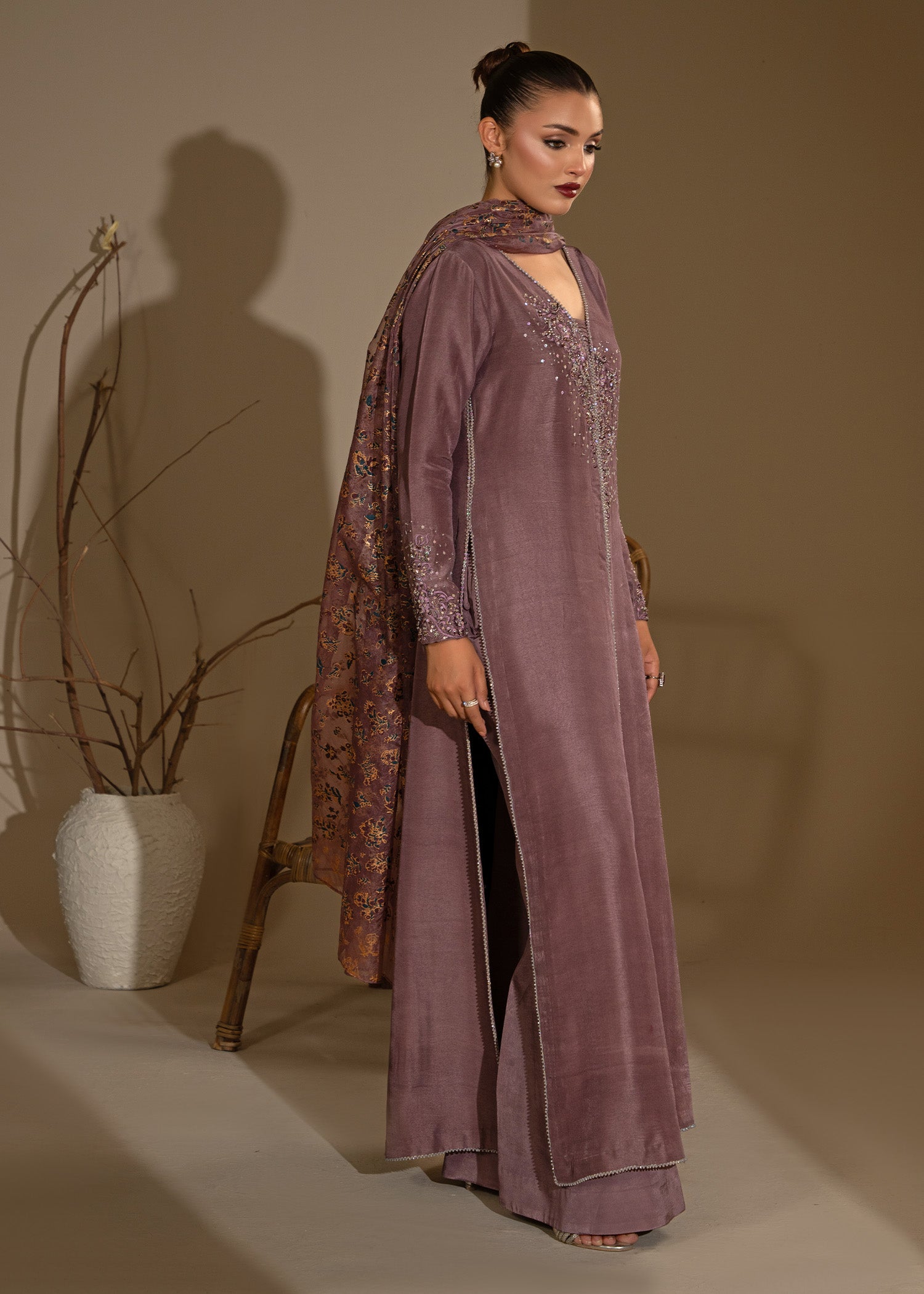 Pakistani Mauve Embroidered Thai Silk Open Gown (3-Piece) - Image 1