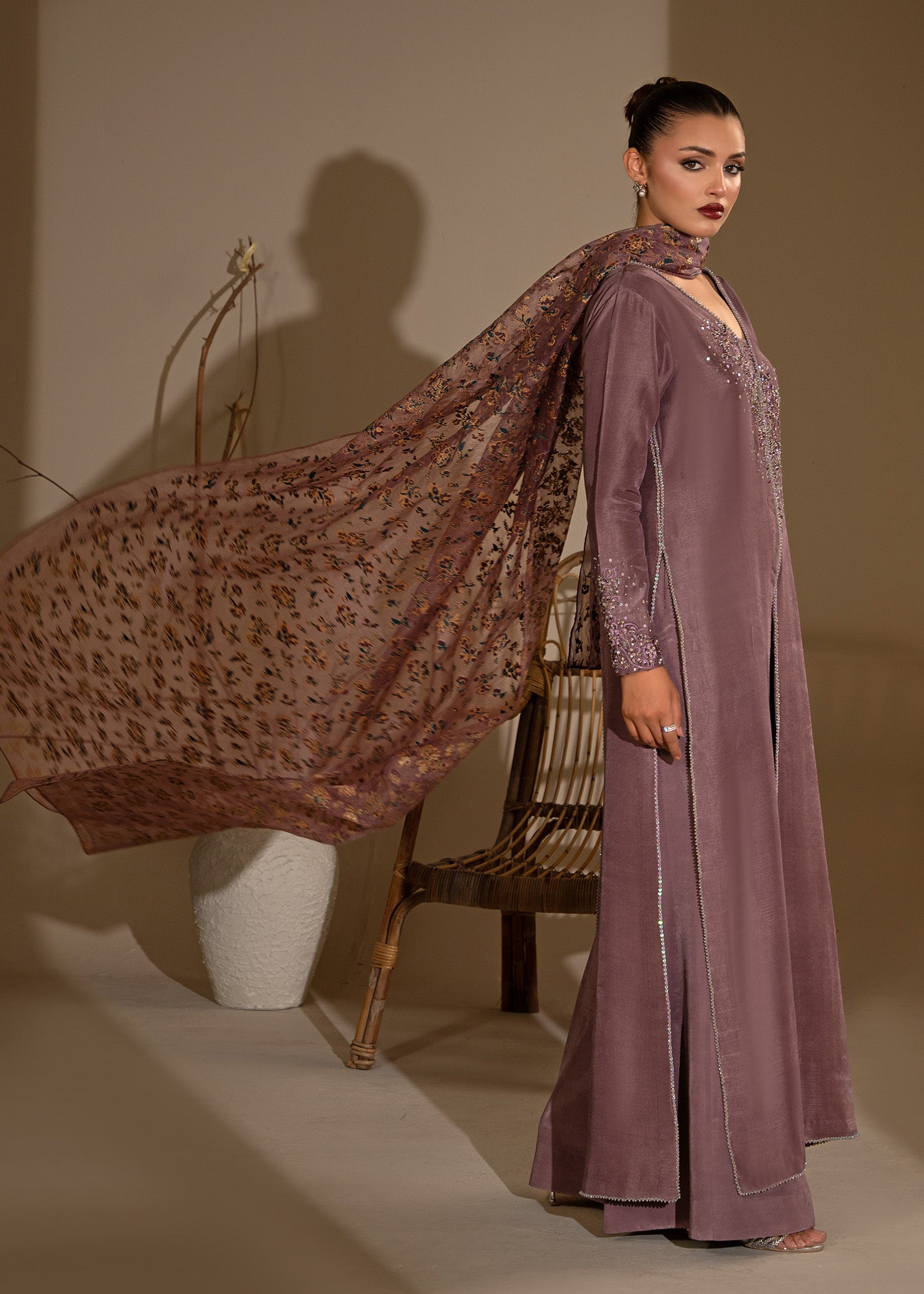 Pakistani Mauve Embroidered Thai Silk Open Gown (3-Piece) - Image 10