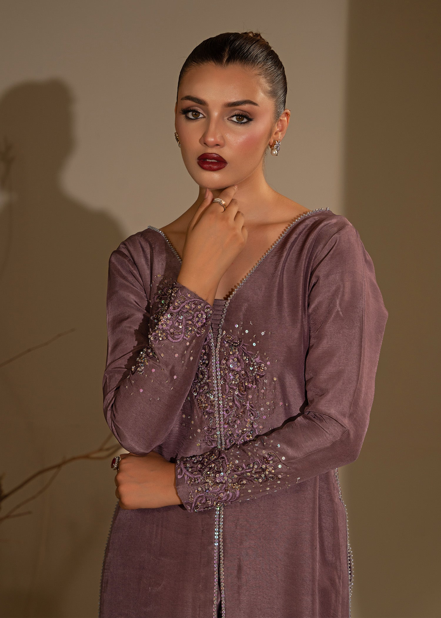 Pakistani Mauve Embroidered Thai Silk Open Gown (3-Piece) - Image 2