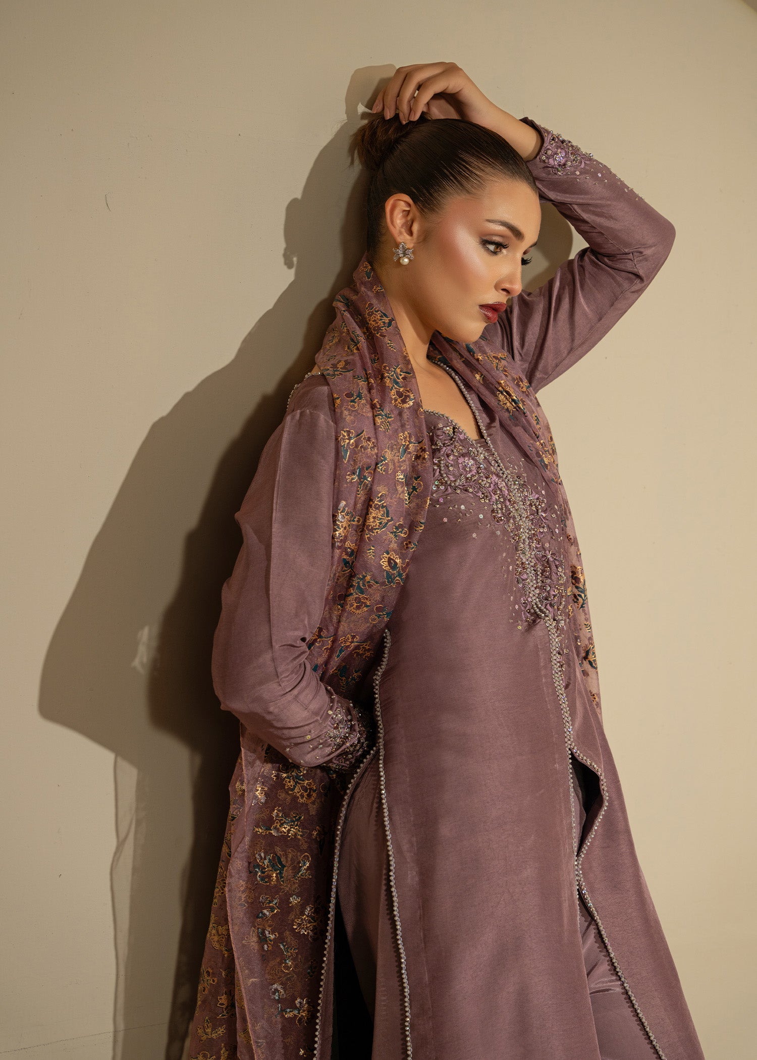 Pakistani Mauve Embroidered Thai Silk Open Gown (3-Piece) - Image 3