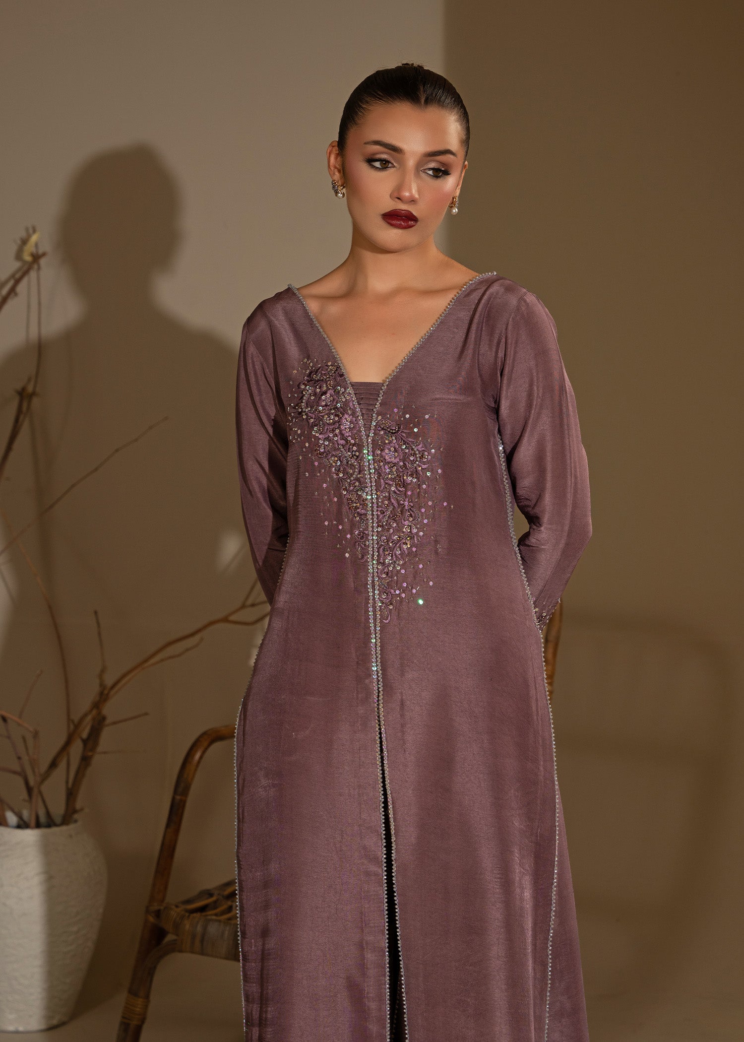 Pakistani Mauve Embroidered Thai Silk Open Gown (3-Piece) - Image 4
