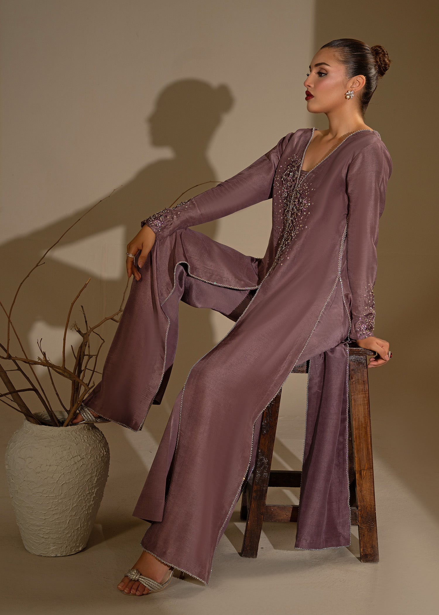 Pakistani Mauve Embroidered Thai Silk Open Gown (3-Piece) - Image 5