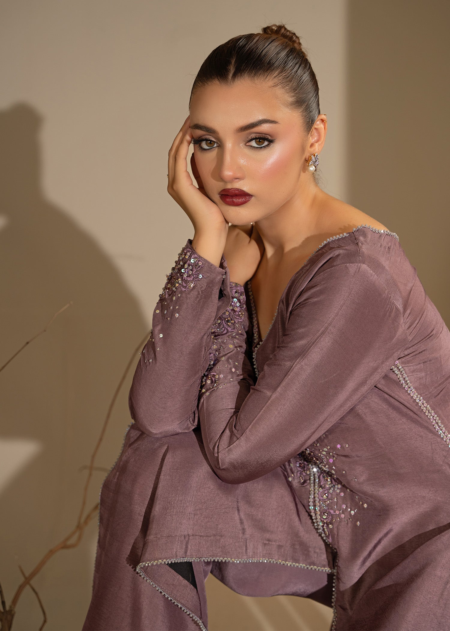 Pakistani Mauve Embroidered Thai Silk Open Gown (3-Piece) - Image 6