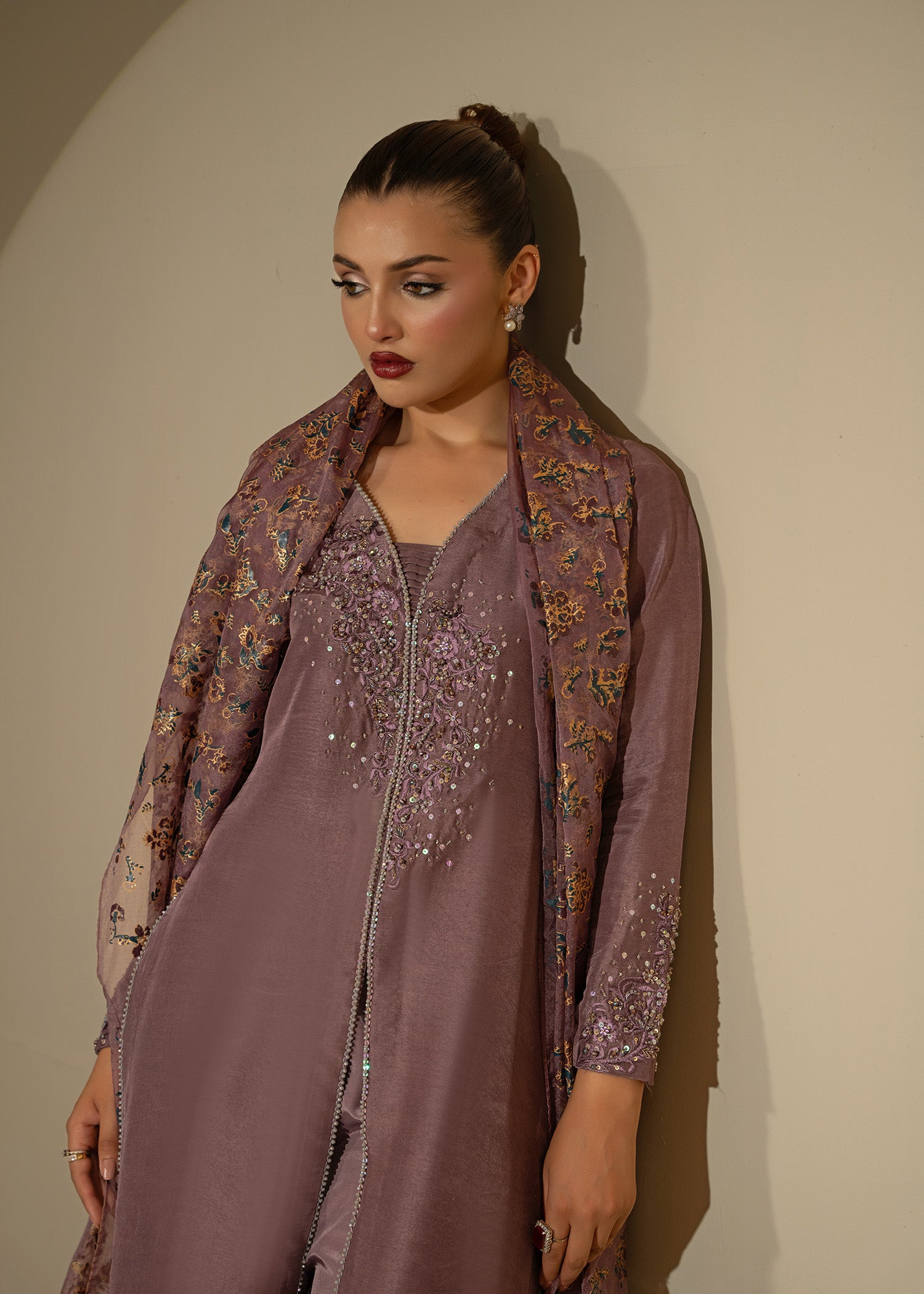 Pakistani Mauve Embroidered Thai Silk Open Gown (3-Piece) - Image 7