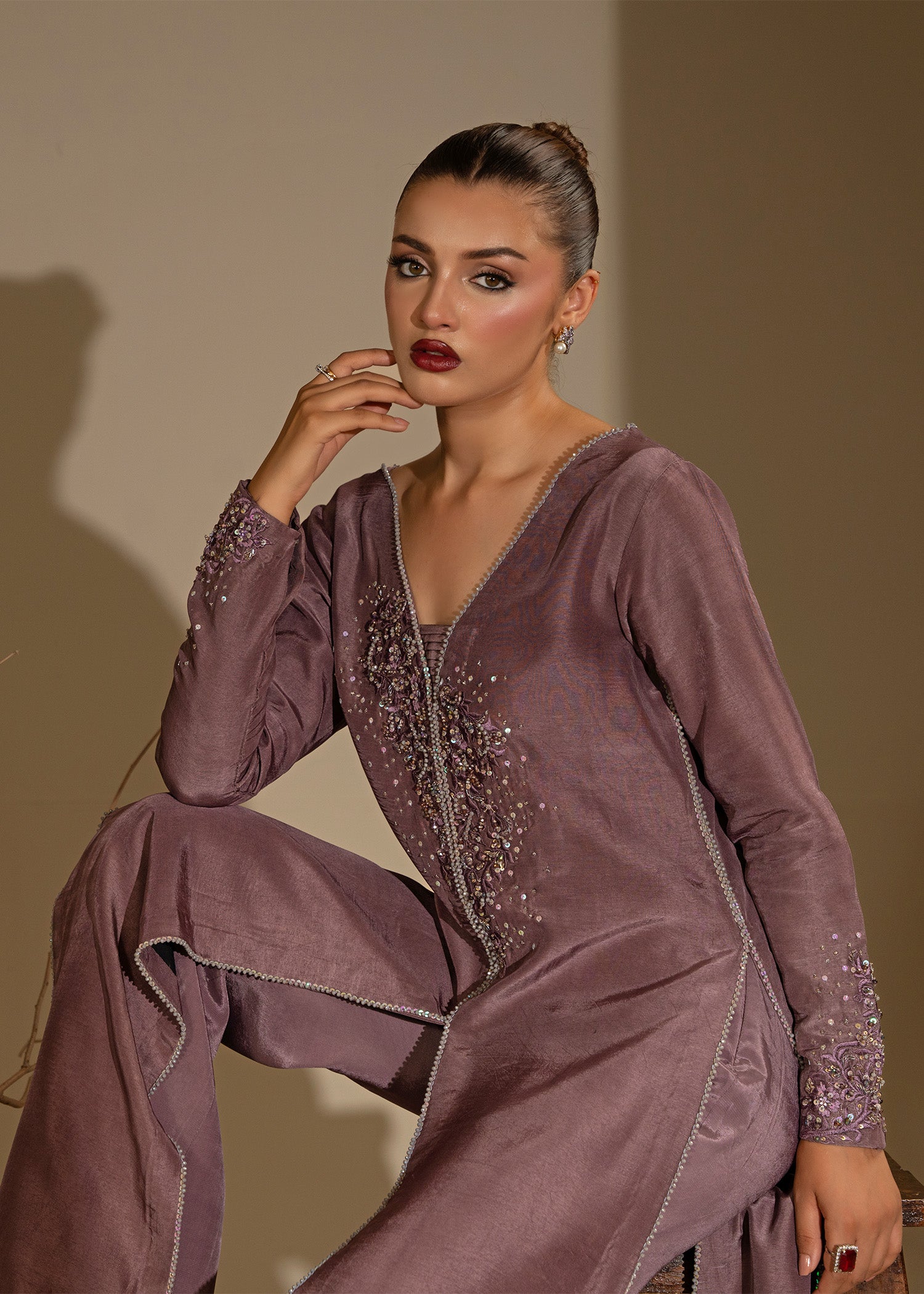 Pakistani Mauve Embroidered Thai Silk Open Gown (3-Piece) - Image 8