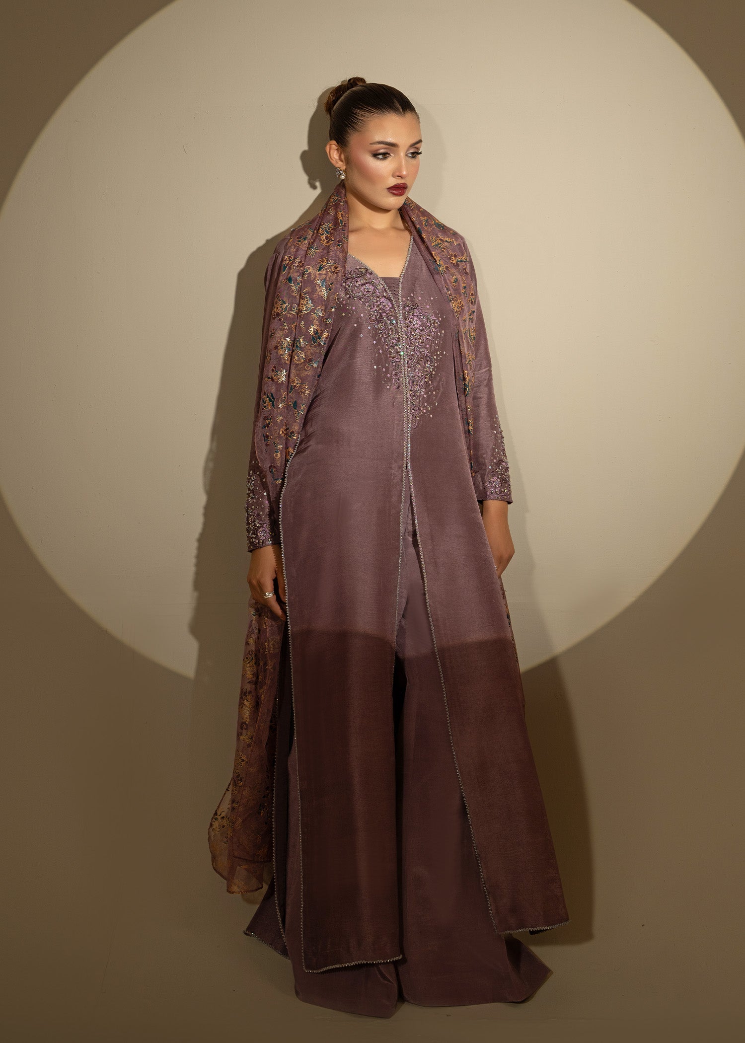 Pakistani Mauve Embroidered Thai Silk Open Gown (3-Piece) - Image 9
