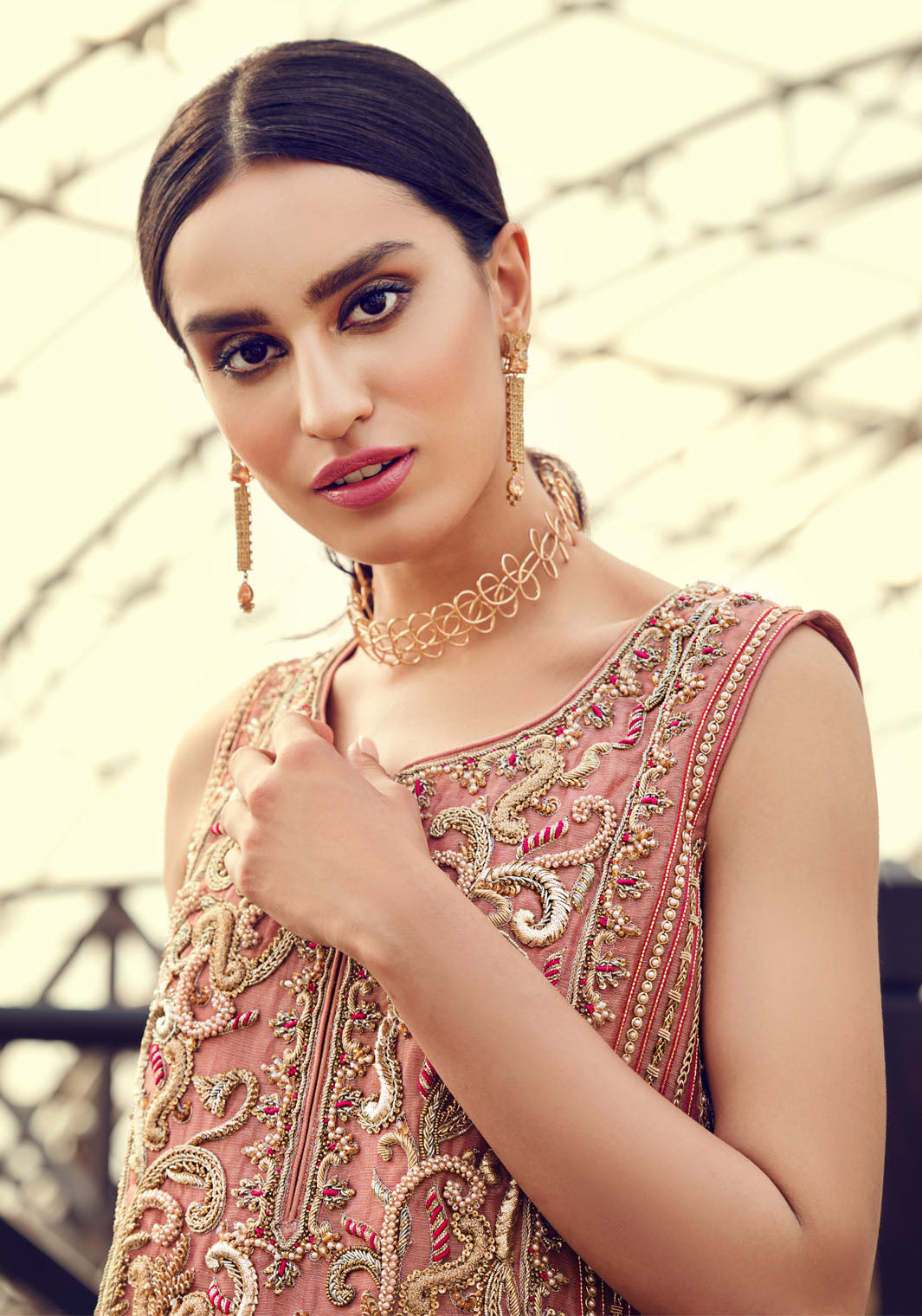 Pakistani Soothing Pink Embroidered Tissue Salwar Kameez (2-Piece) - Image 4