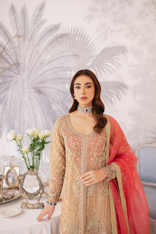 Pakistani Pink Hand-Embellished Tissue Salwar Kameez (3-Piece) - Image 1