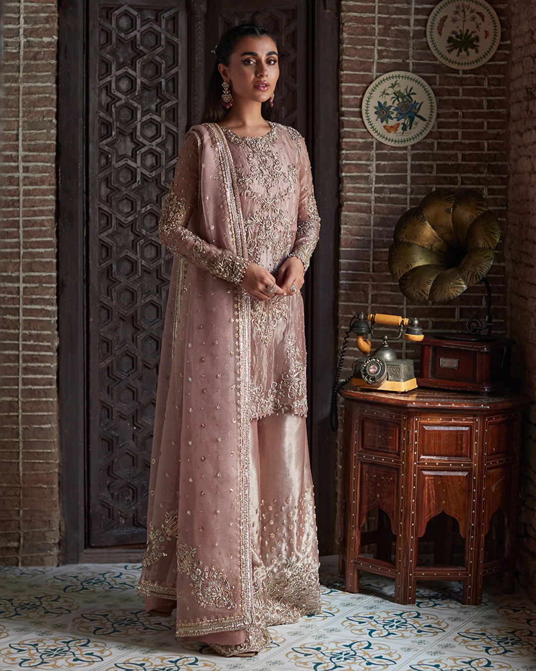 Blush Pink Embellished Tissue Salwar Kameez (3-Piece) - Image 1