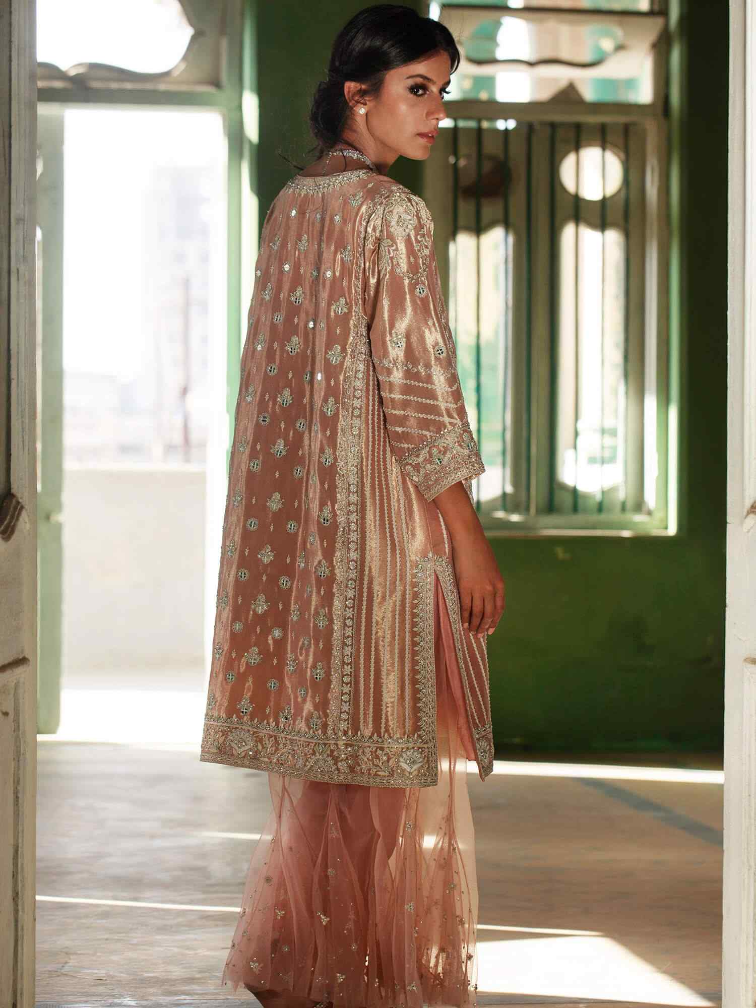 Opal Pink Embroidered Tissue & Net Innerkali Set (3-Piece) - Image 1