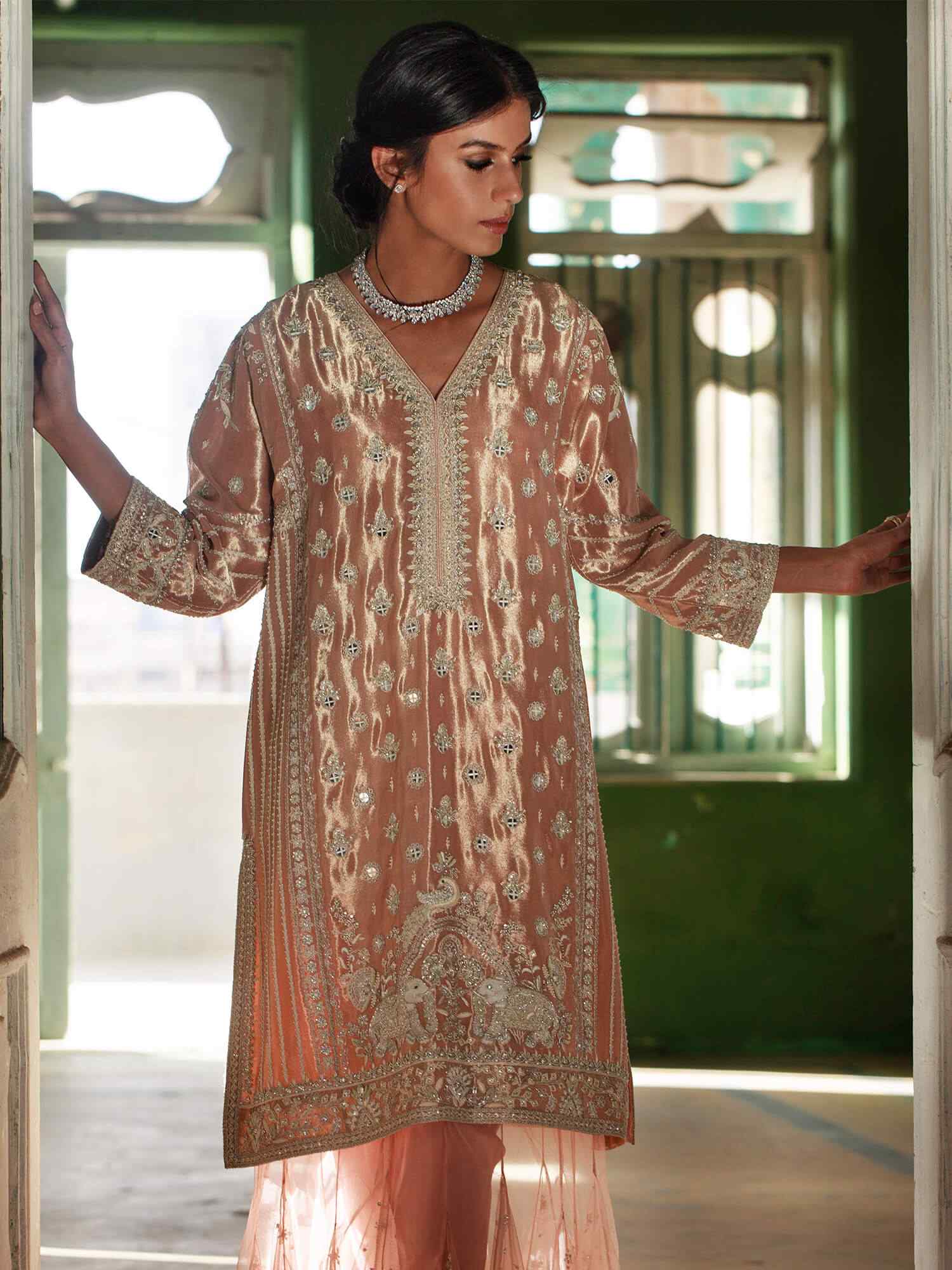 Opal Pink Embroidered Tissue & Net Innerkali Set (3-Piece) - Image 2