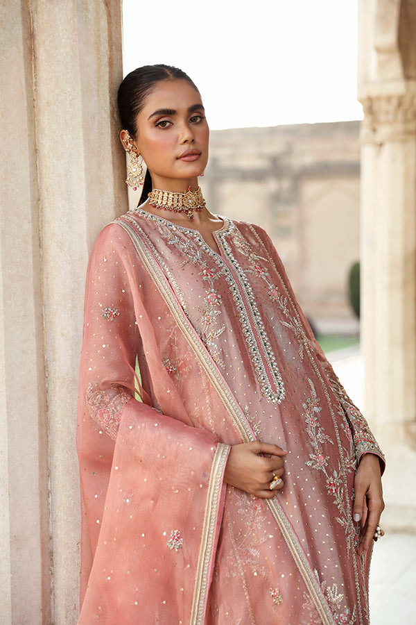 Peach Pink Embroidered Tissue Salwar Kameez (3-Piece) - Image 1