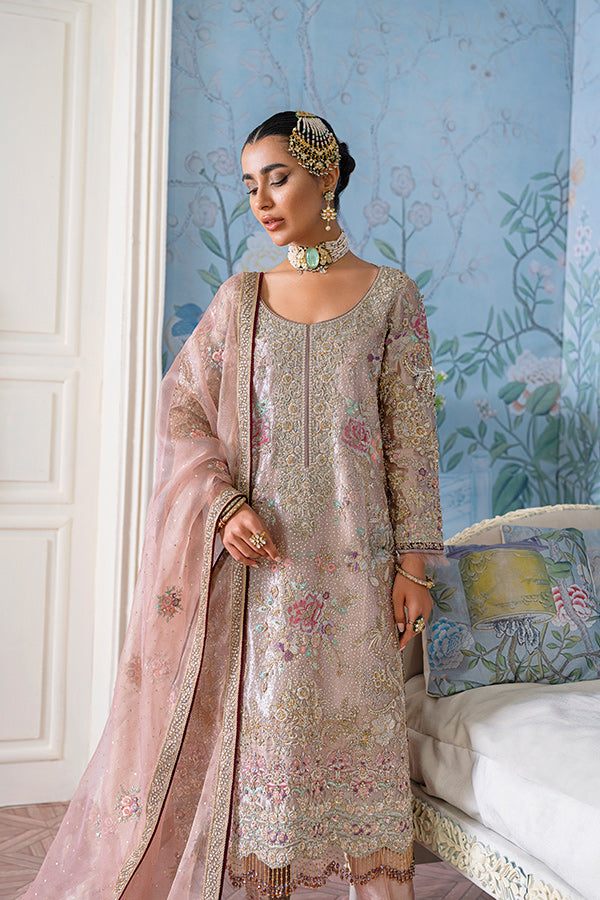 Pakistani Dust Pink Embroidered Tissue Salwar Kameez (3-Piece) - Image 3