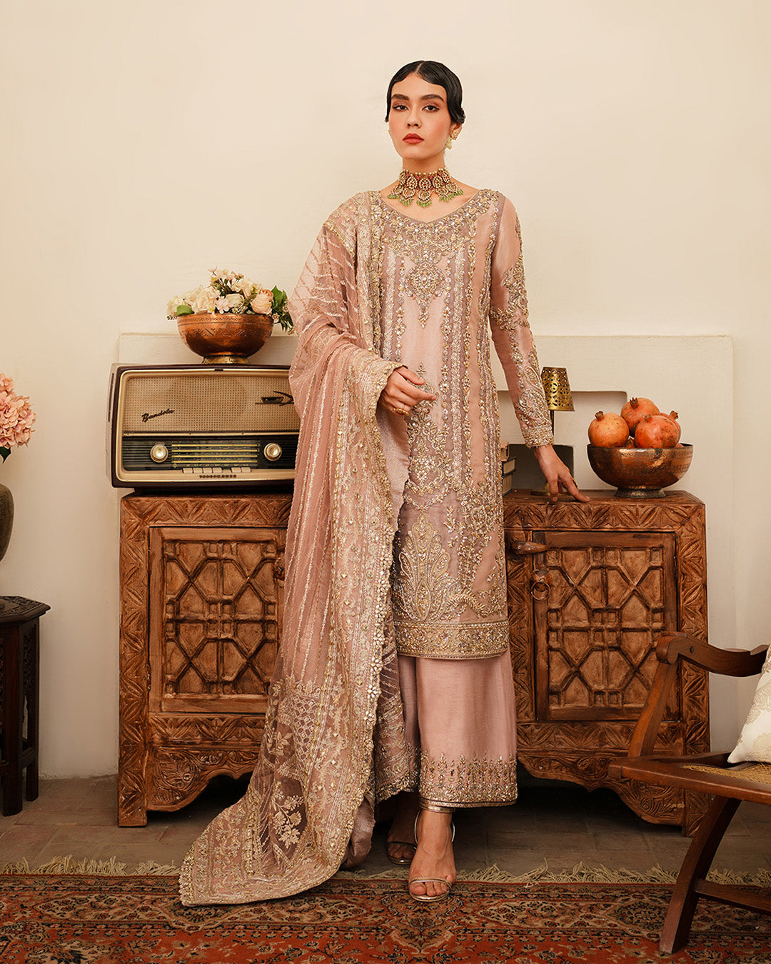Tea Pink Embellished Tissue Salwar Kameez (3-Piece) - Image 1