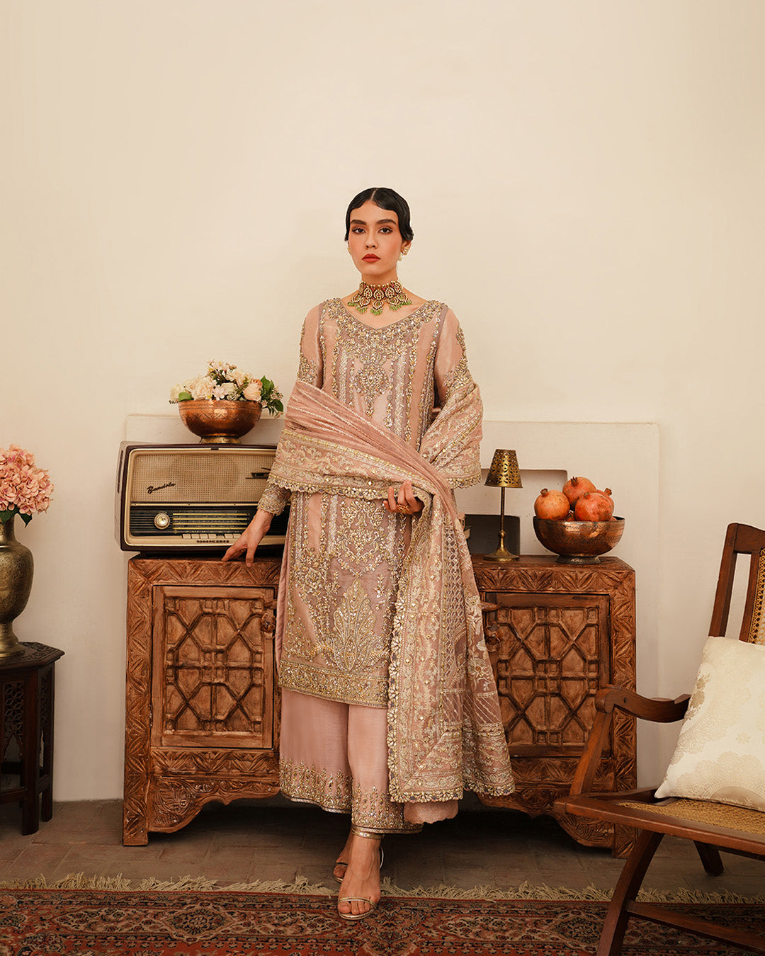 Tea Pink Embellished Tissue Salwar Kameez (3-Piece) - Image 3