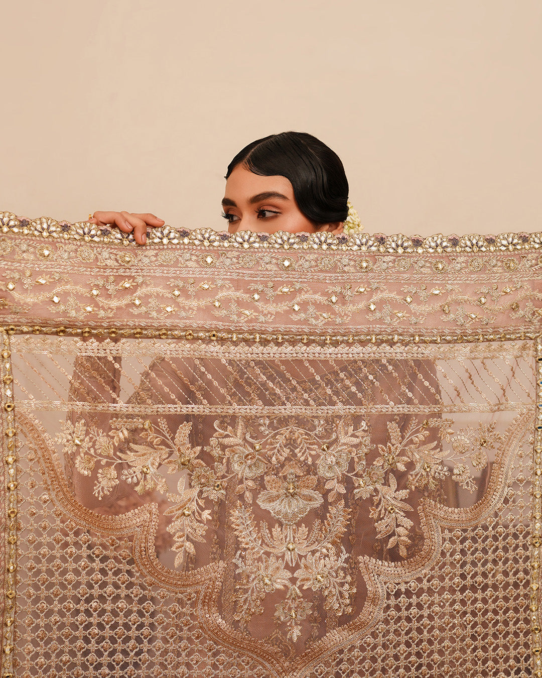 Tea Pink Embellished Tissue Salwar Kameez (3-Piece) - Image 6