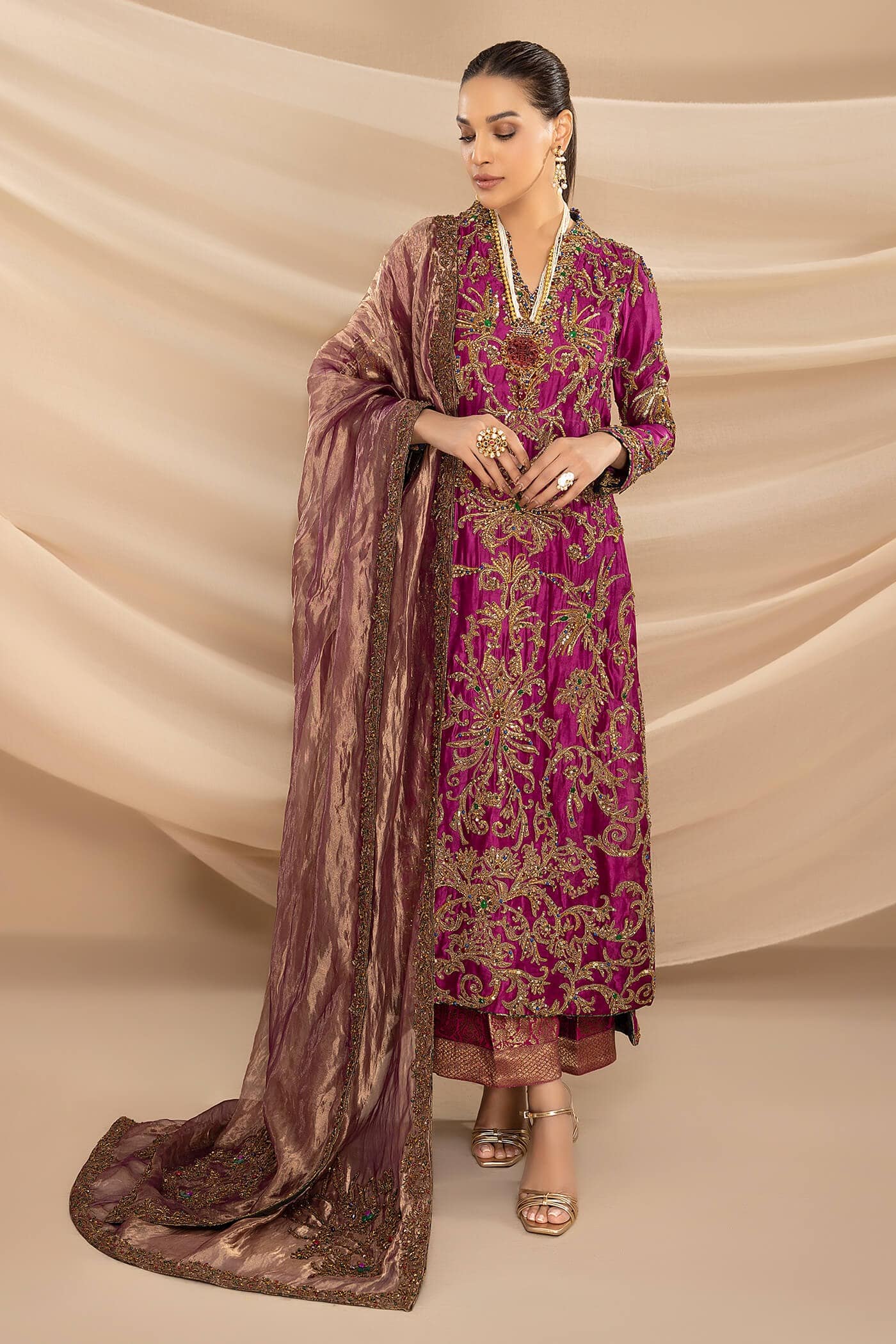 Magenta Ada Work Tissue Organza Salwar Kameez (3-Piece) - Image 1