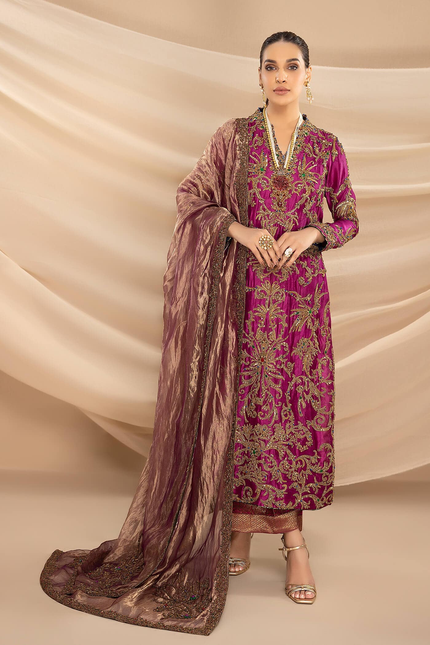Magenta Ada Work Tissue Organza Salwar Kameez (3-Piece) - Image 4