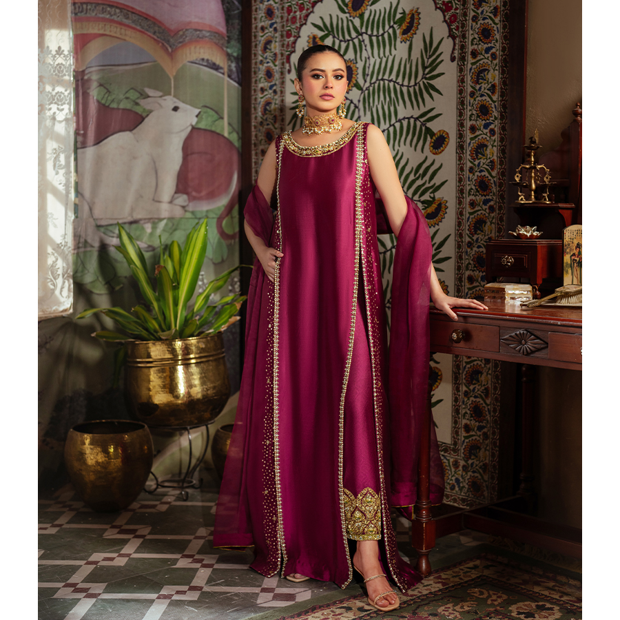 Berry Pink Hand Embellished Pure Tissue Silk Long Shirt (3-Piece) - Image 1