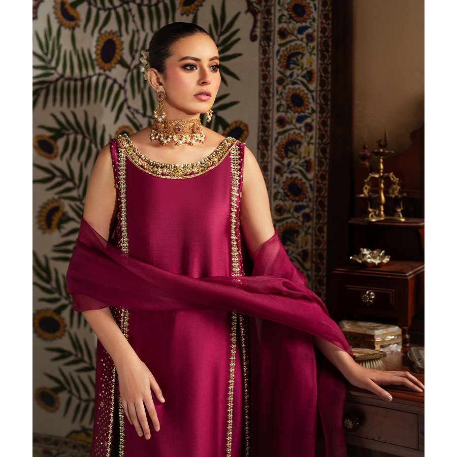 Berry Pink Hand Embellished Pure Tissue Silk Long Shirt (3-Piece) - Image 2