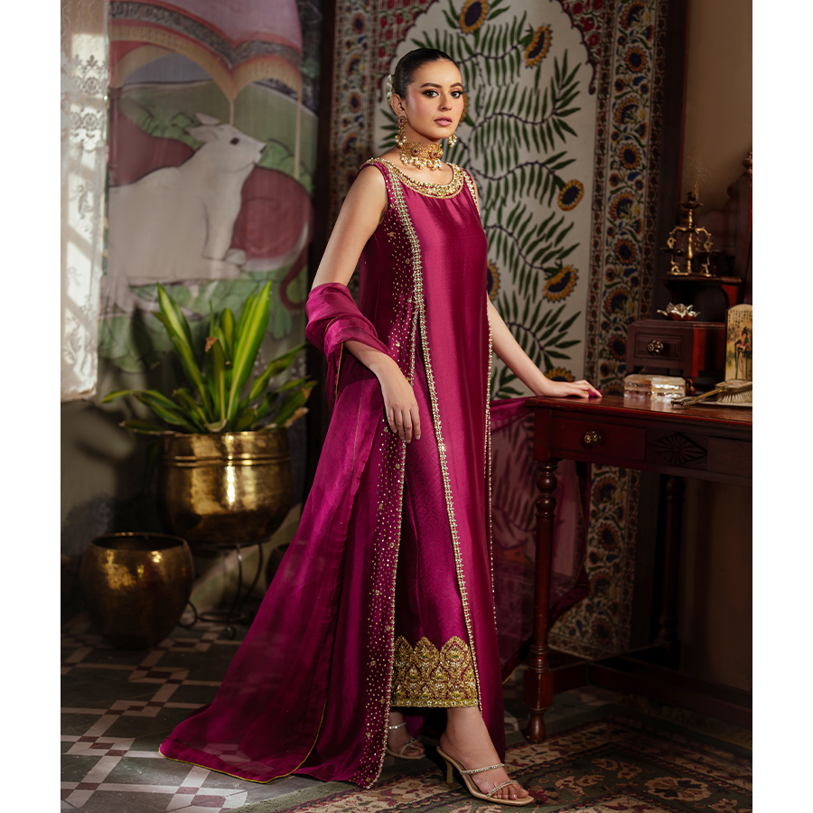 Berry Pink Hand Embellished Pure Tissue Silk Long Shirt (3-Piece) - Image 3