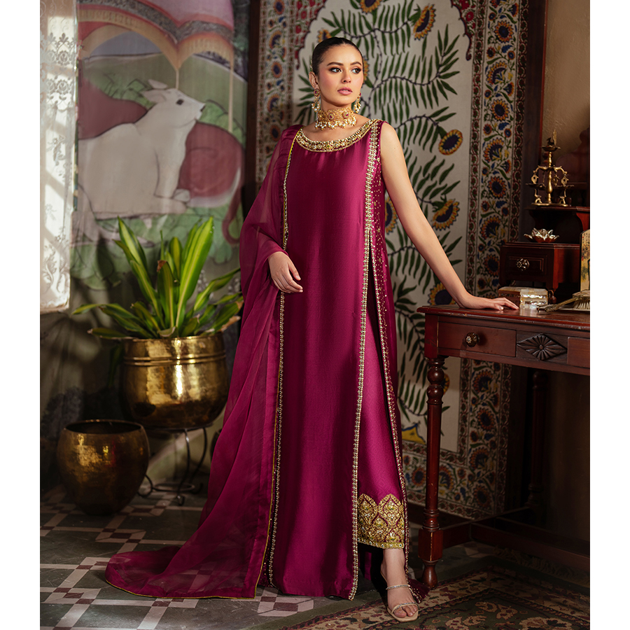 Berry Pink Hand Embellished Pure Tissue Silk Long Shirt (3-Piece) - Image 4
