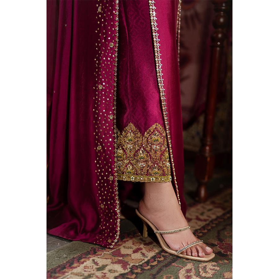 Berry Pink Hand Embellished Pure Tissue Silk Long Shirt (3-Piece) - Image 5