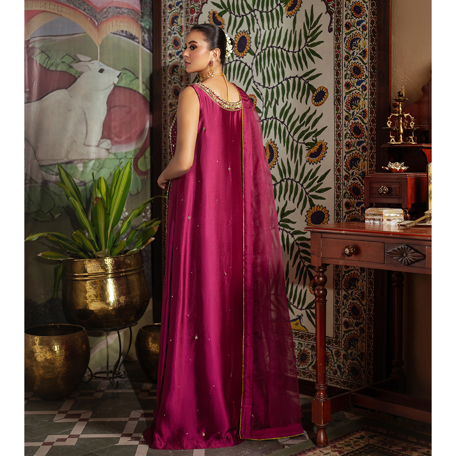 Berry Pink Hand Embellished Pure Tissue Silk Long Shirt (3-Piece) - Image 6