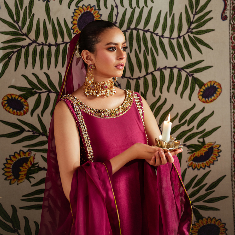 Berry Pink Hand Embellished Pure Tissue Silk Long Shirt (3-Piece) - Image 7