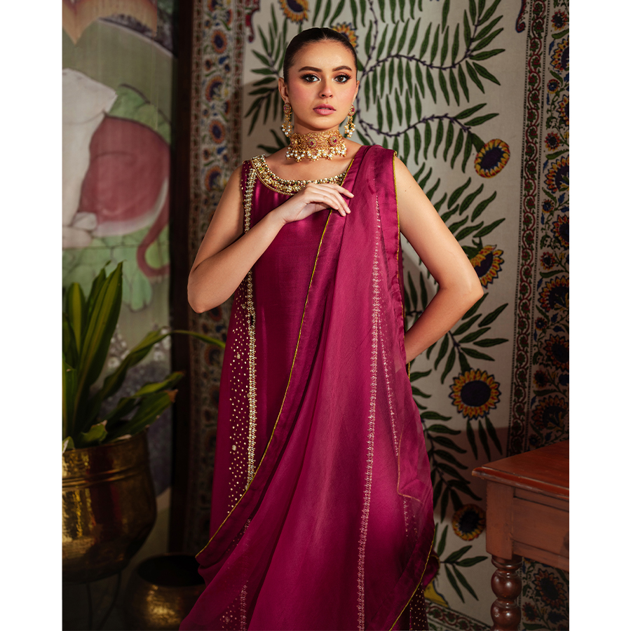 Berry Pink Hand Embellished Pure Tissue Silk Long Shirt (3-Piece) - Image 8