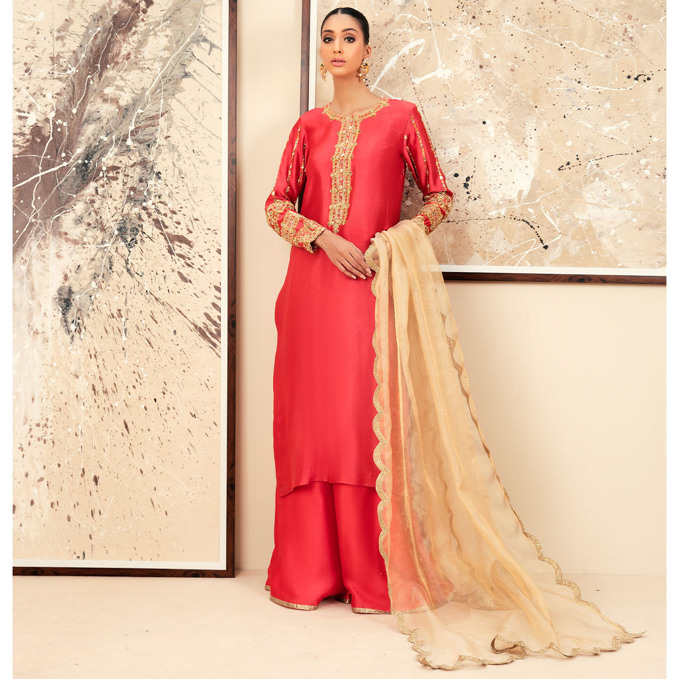 Carrot Pink Gota Kundan Tissue Silk Salwar Kameez (3-Piece) - Image 1