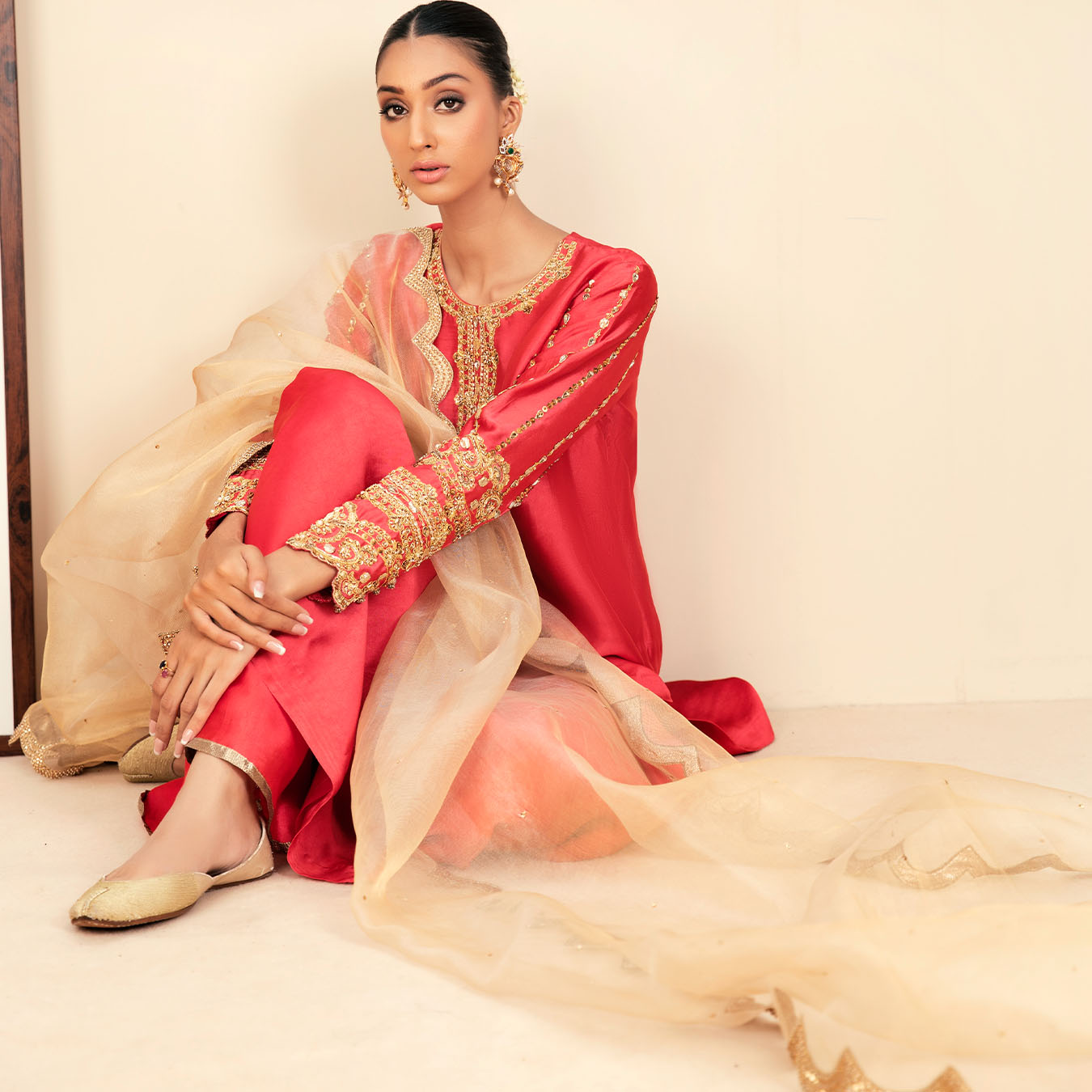 Carrot Pink Gota Kundan Tissue Silk Salwar Kameez (3-Piece) - Image 2