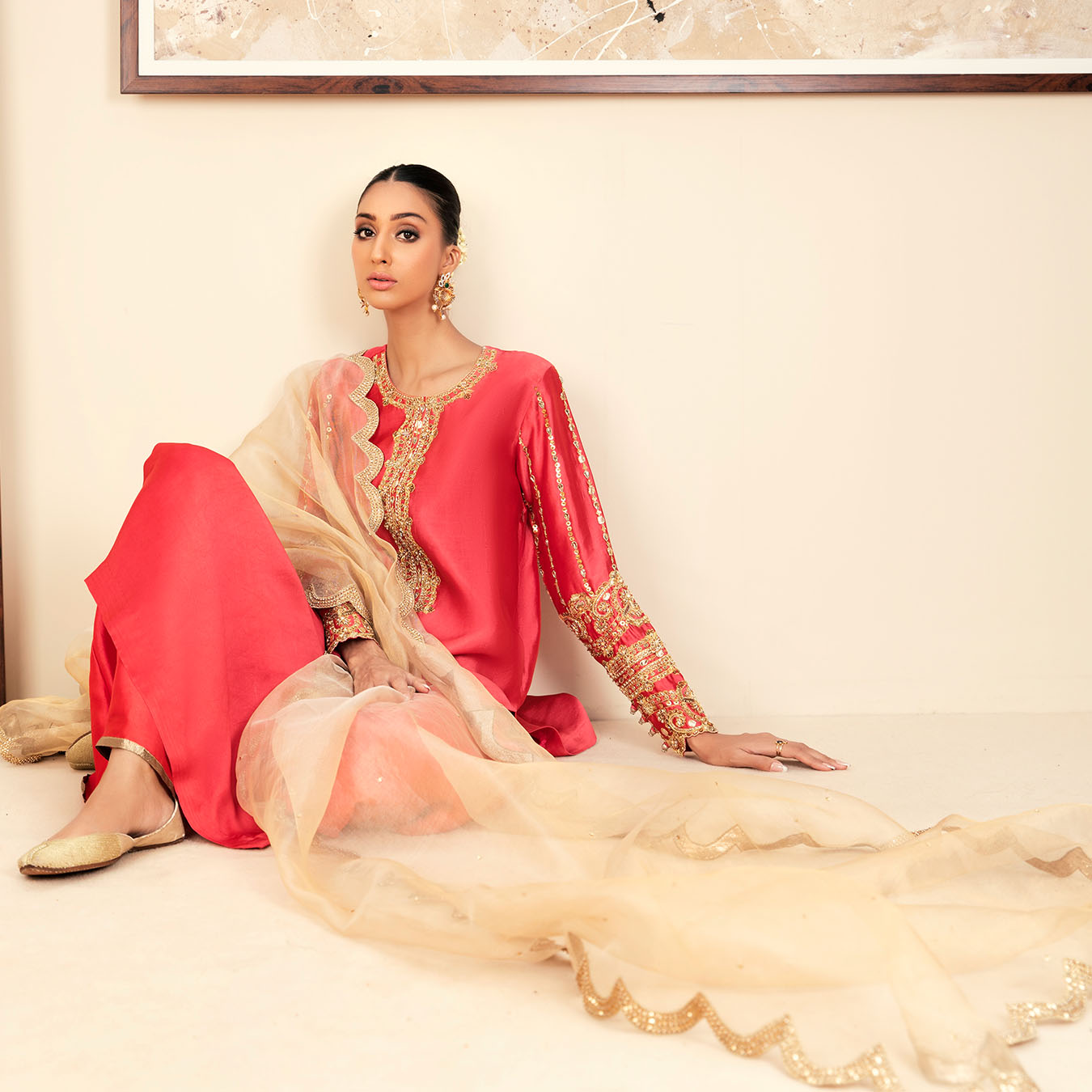 Carrot Pink Gota Kundan Tissue Silk Salwar Kameez (3-Piece) - Image 3